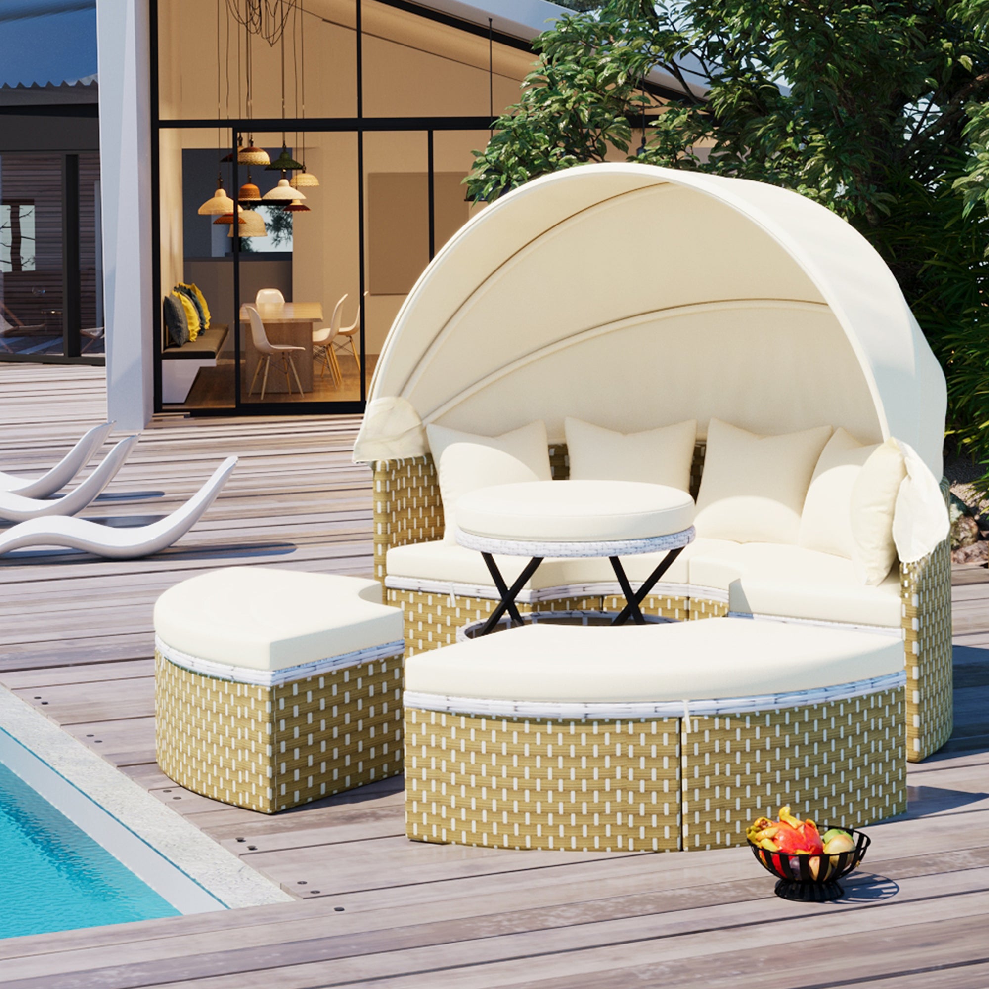 Walker Edison | Outdoor Round Modular Sunbed Sofa Set