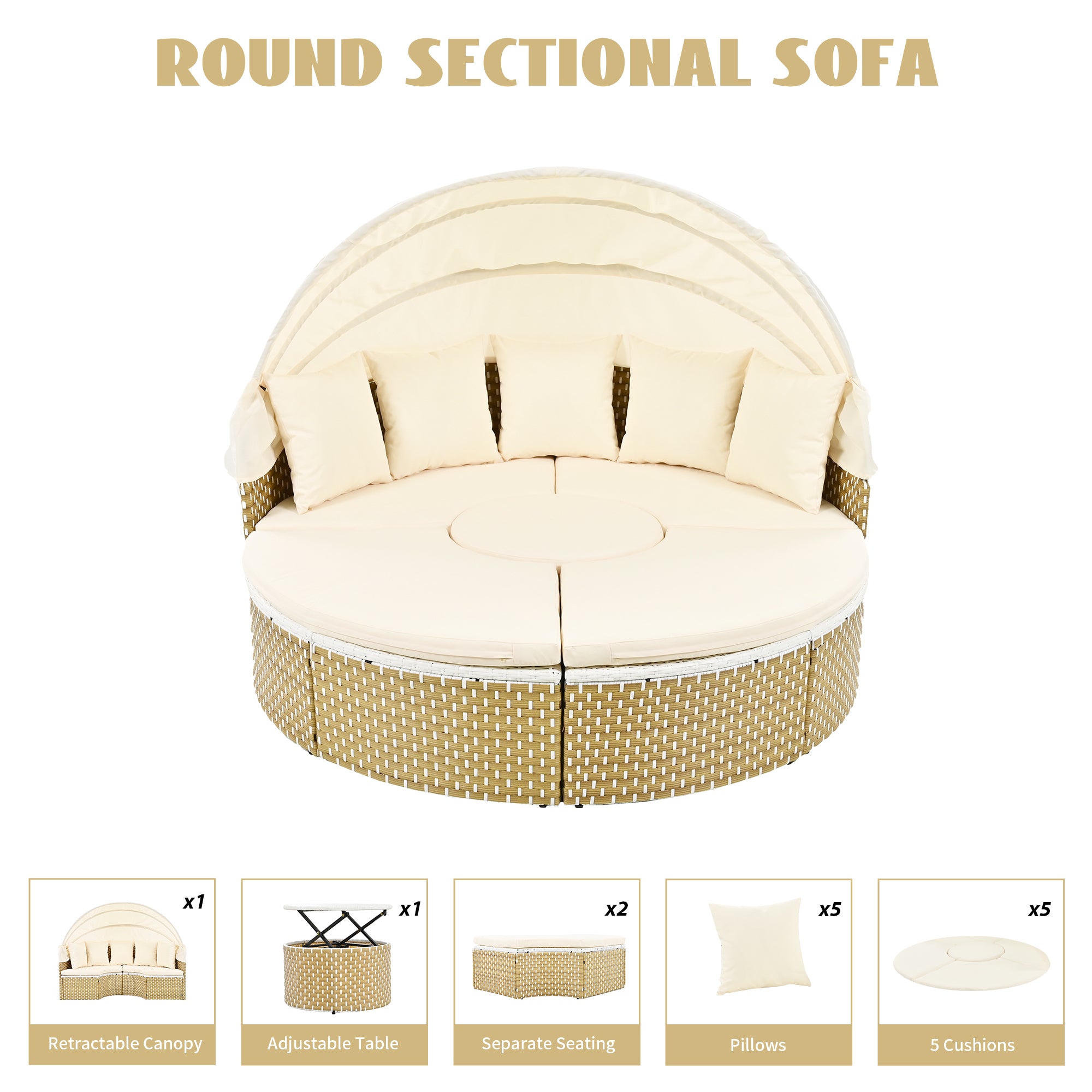 Walker Edison | Outdoor Round Modular Sunbed Sofa Set