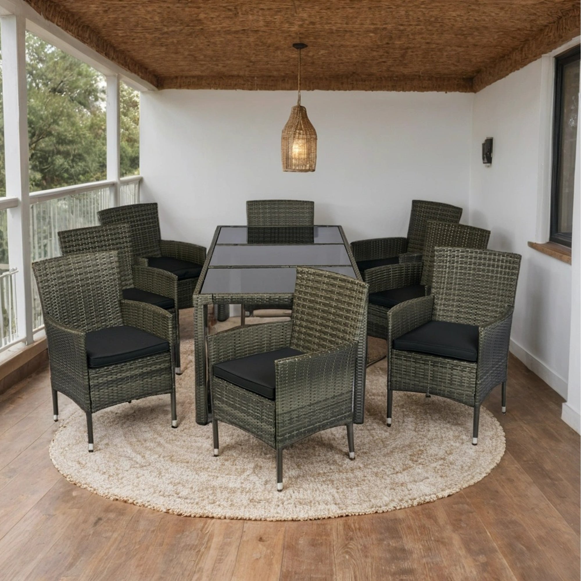 Walker Edison | 9 piece Outdoor Patio Wicker Dining Set with Glass Top