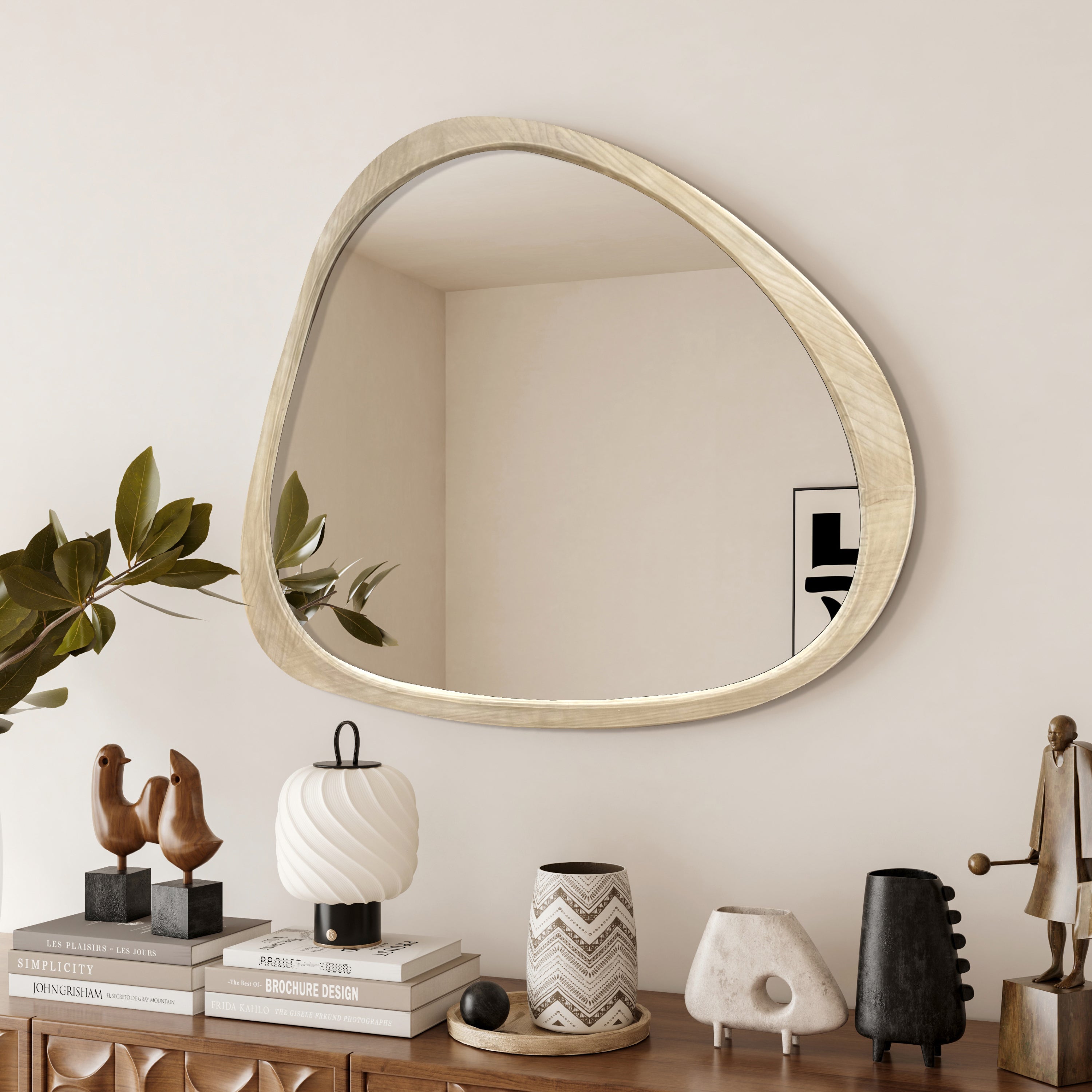 Walker Edison | Asymmetrical Natural 45" Wooden Wall Mirror