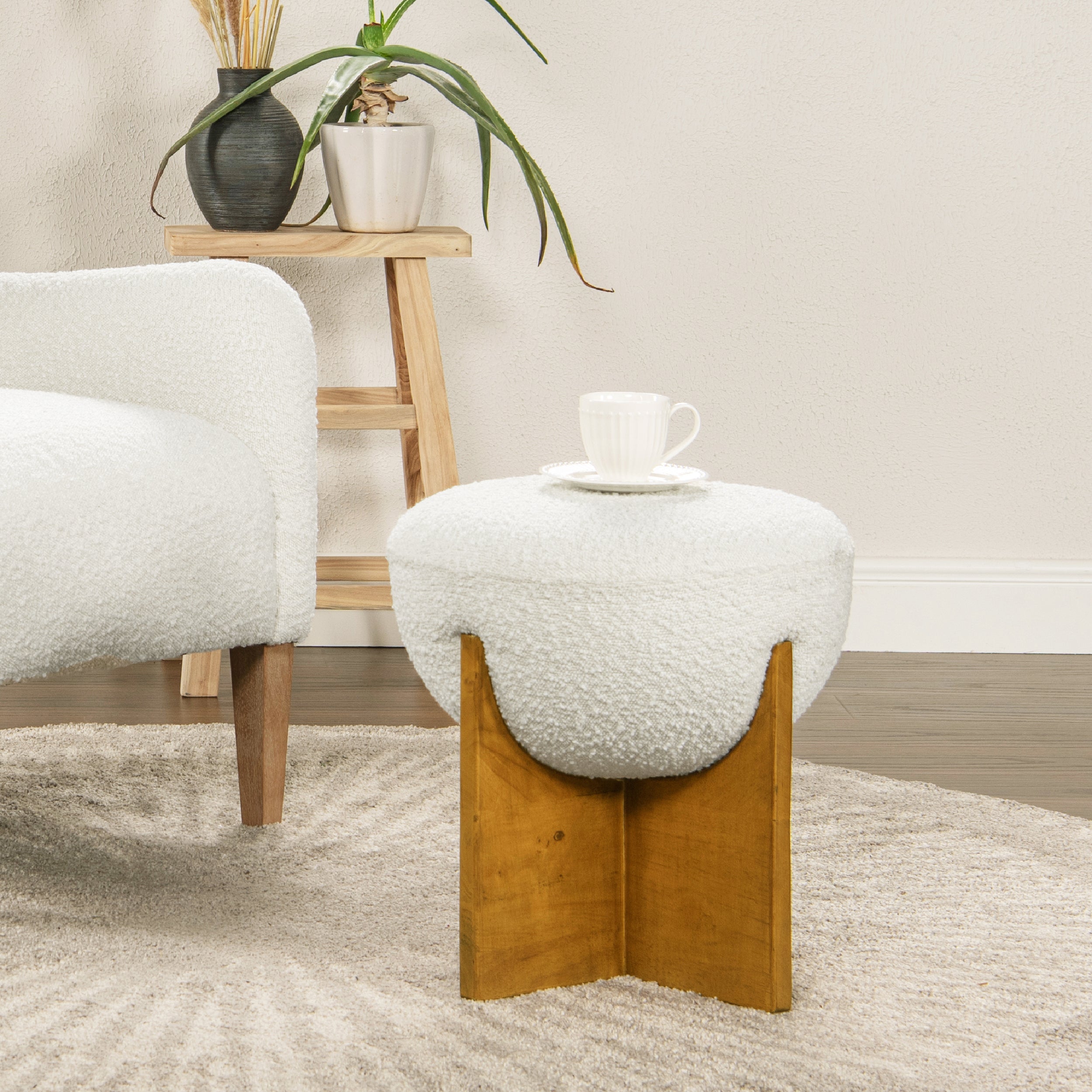 Walker Edison | Bali 18.5' Round Upholstered Ottoman with Natural Wood Base