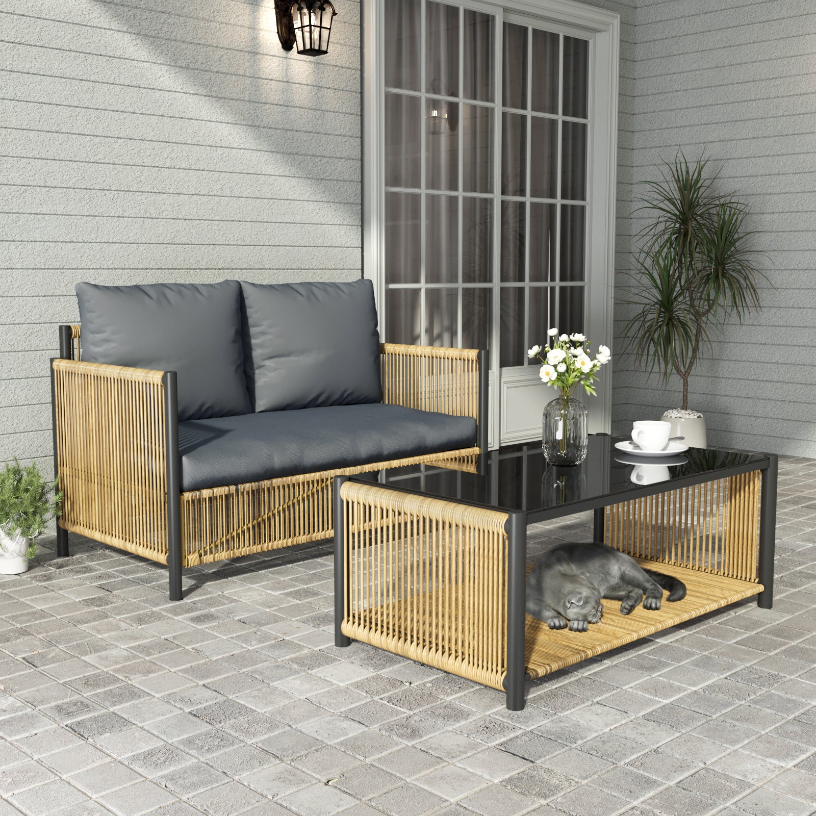 Walker Edison | Wicker Outdoor Loveseat Sofa Table Set