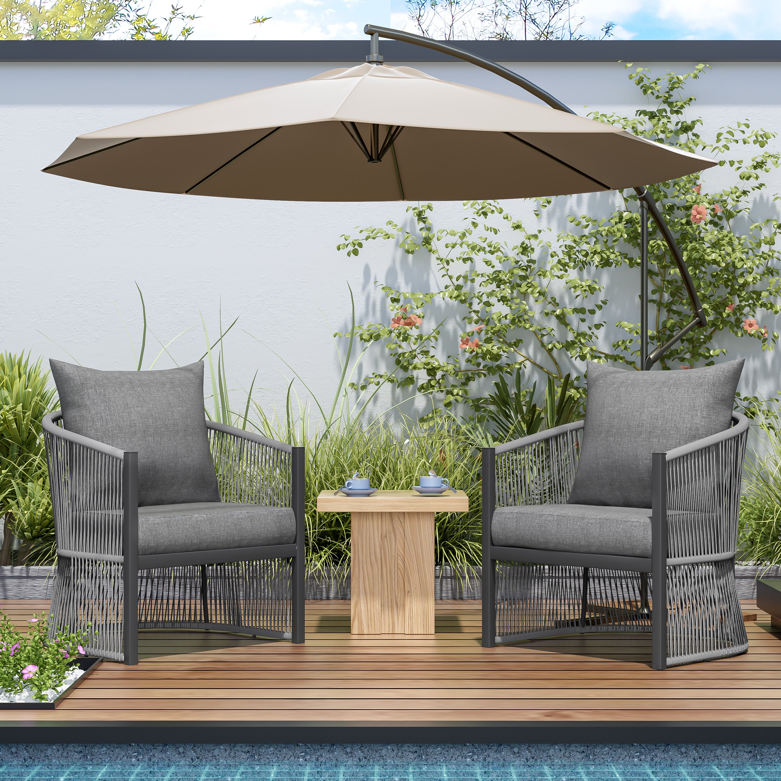 Walker Edison | Stylish Rope-Weave Gray Curved Outdoor Chairs Set of 2