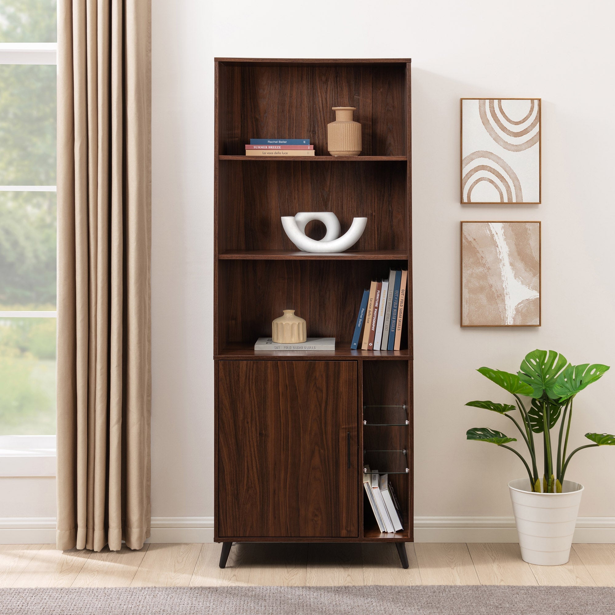 Contemporary Minimal Glass-Shelf 1-Door Storage Cabinet