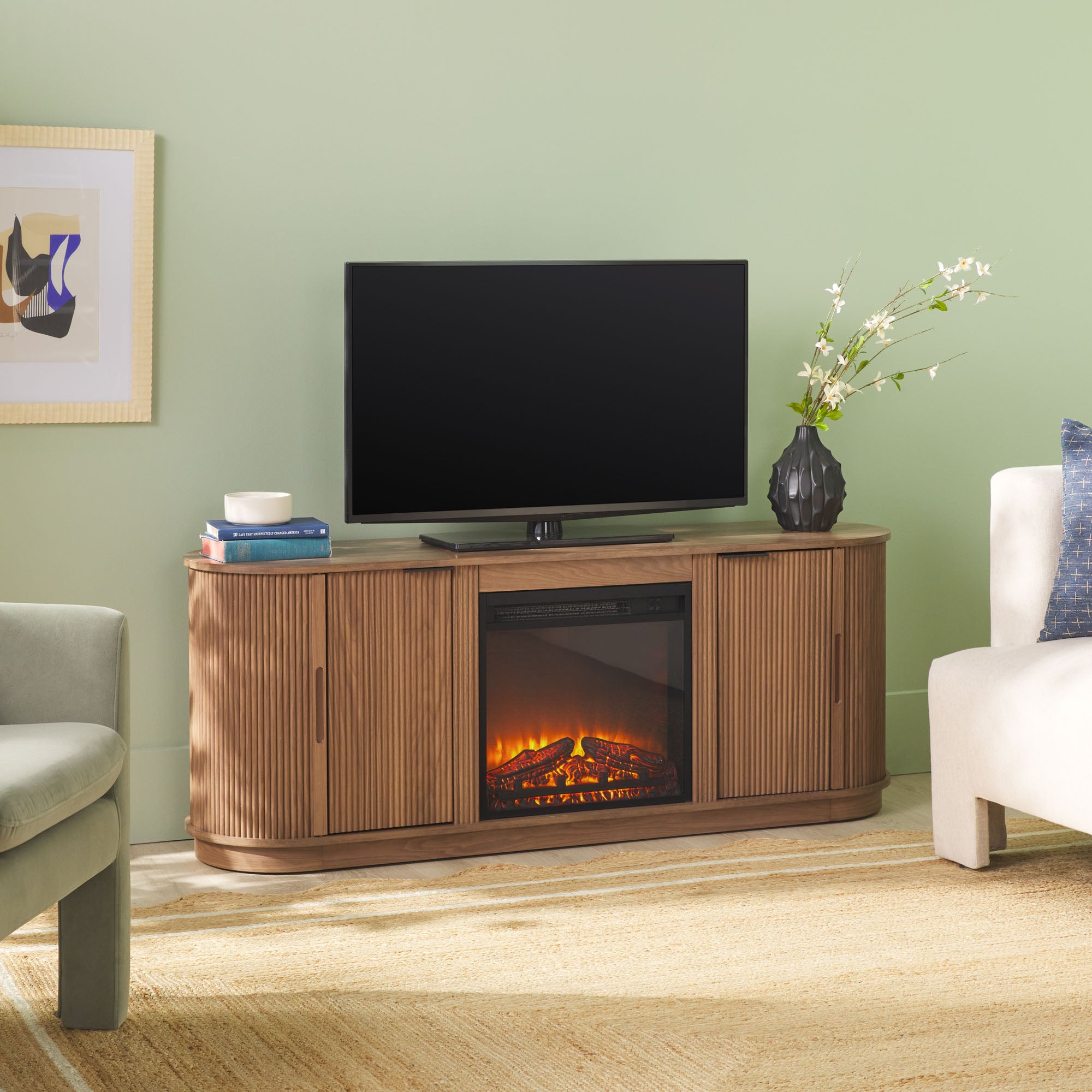 Chloe Modern Scandinavian Reeded Fireplace TV Stand in 2 Sizes