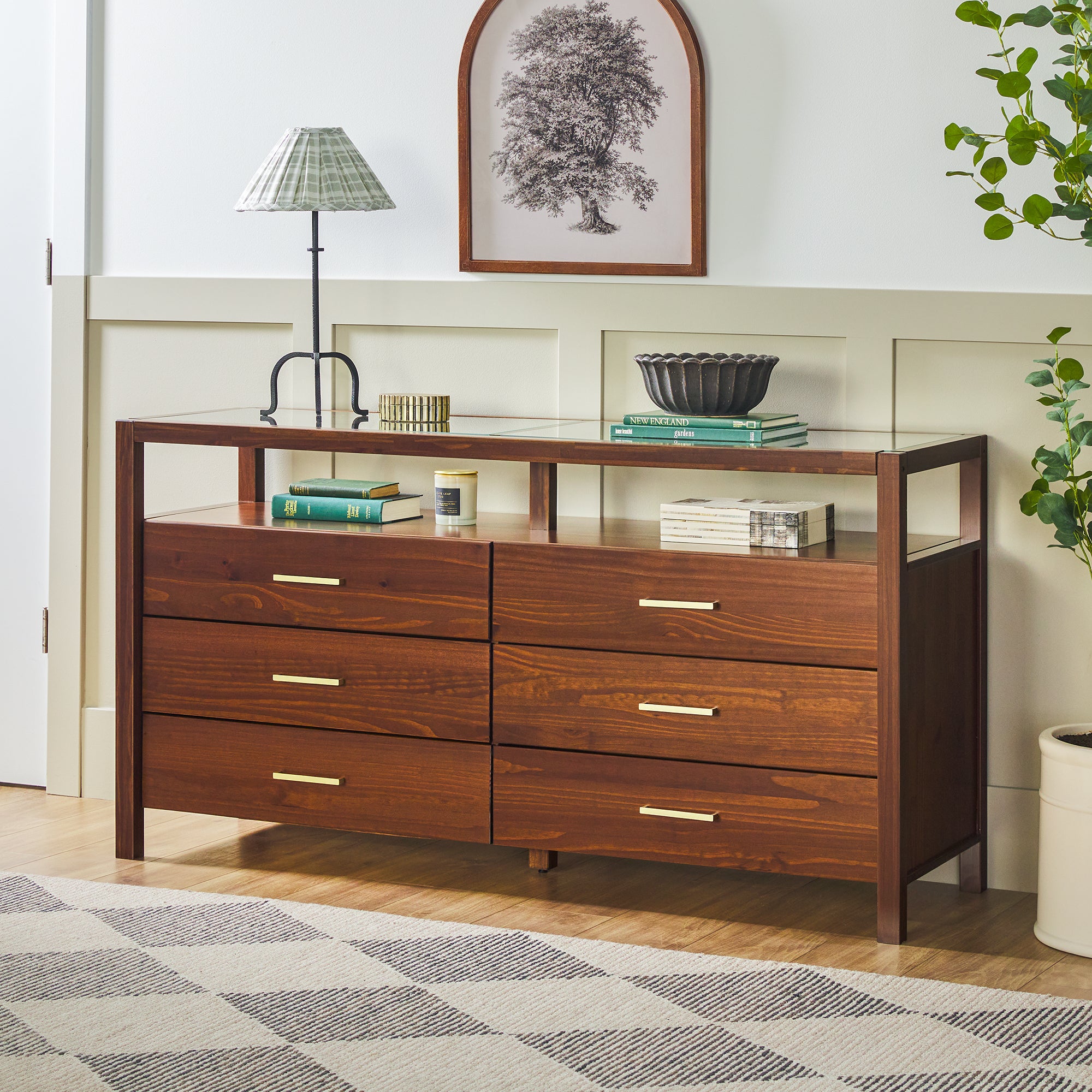 Isla Modern Easy Assembly 6 Drawer Dresser with Glass Top