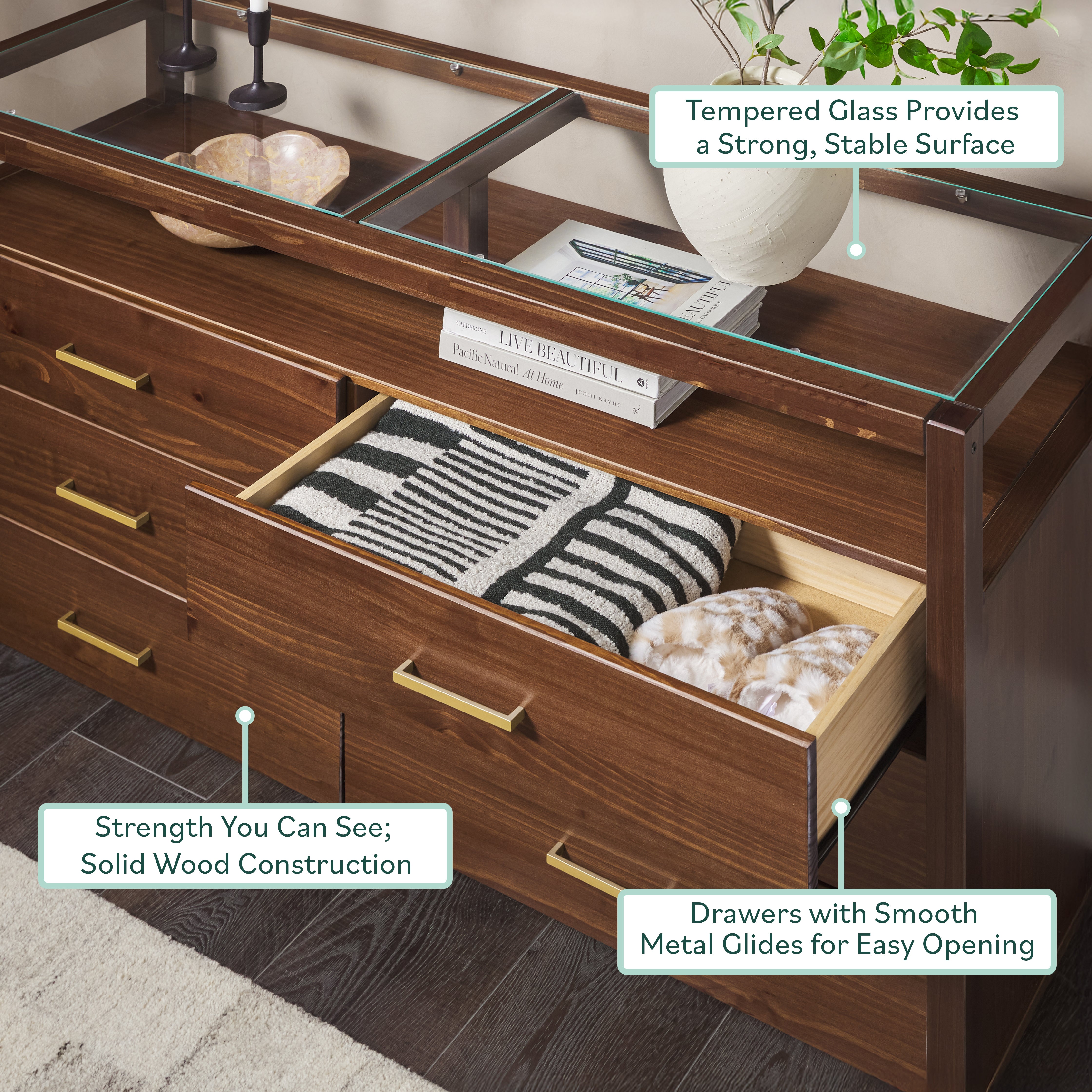 Isla Modern Easy Assembly 6 Drawer Dresser with Glass Top