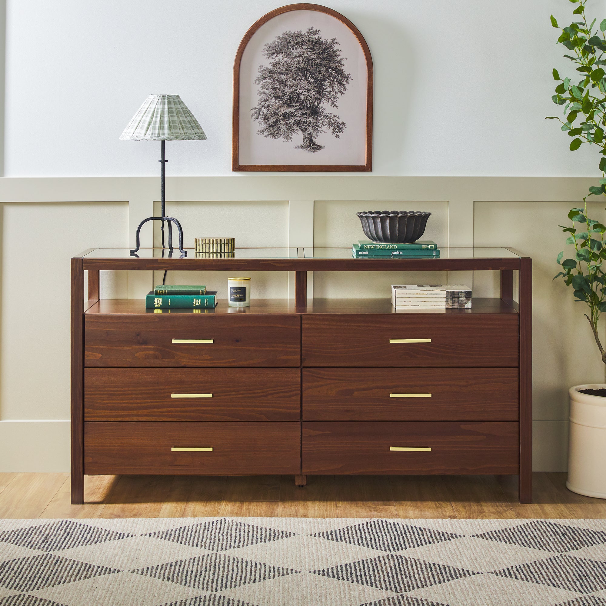 Isla Modern Easy Assembly 6 Drawer Dresser with Glass Top