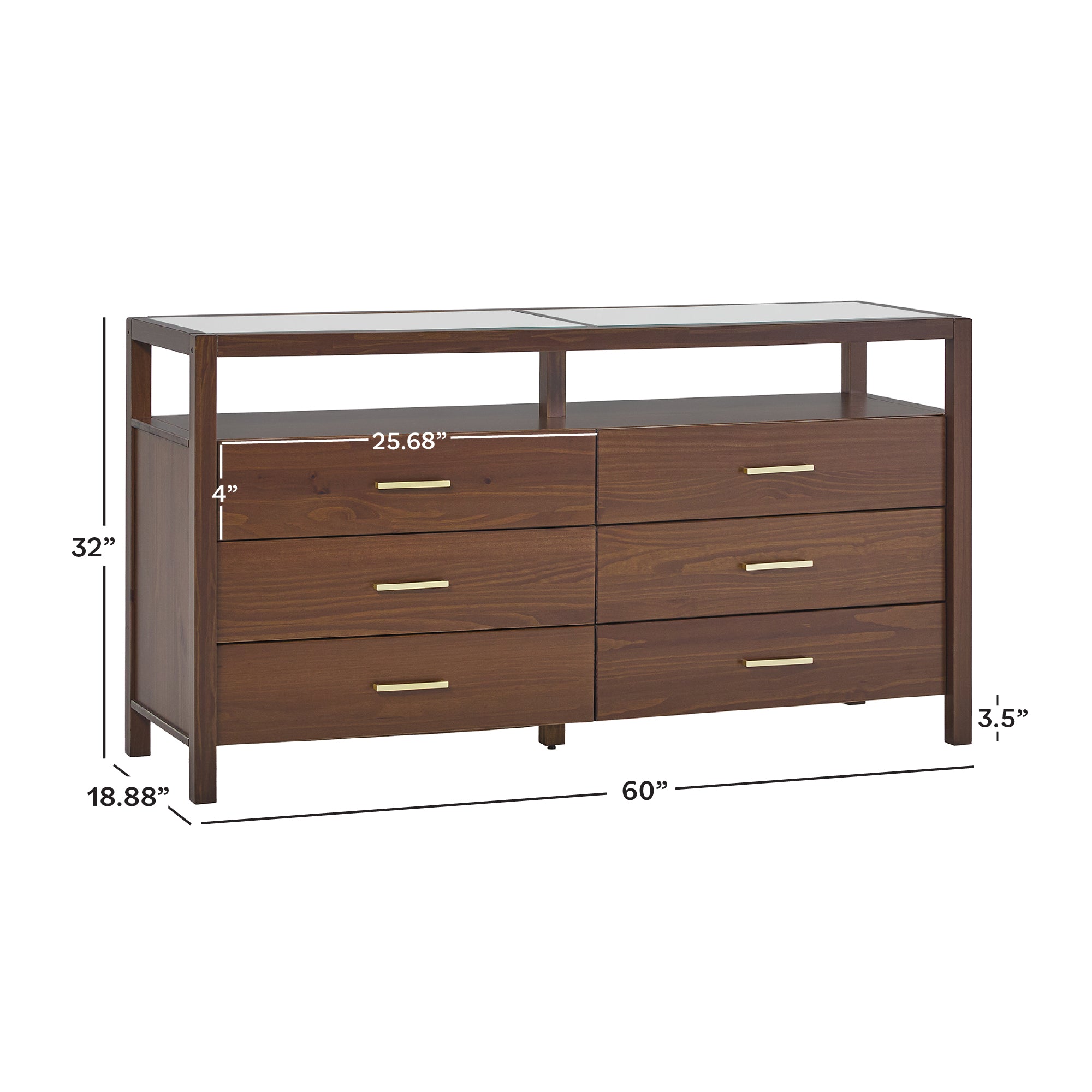 Isla Modern Easy Assembly 6 Drawer Dresser with Glass Top