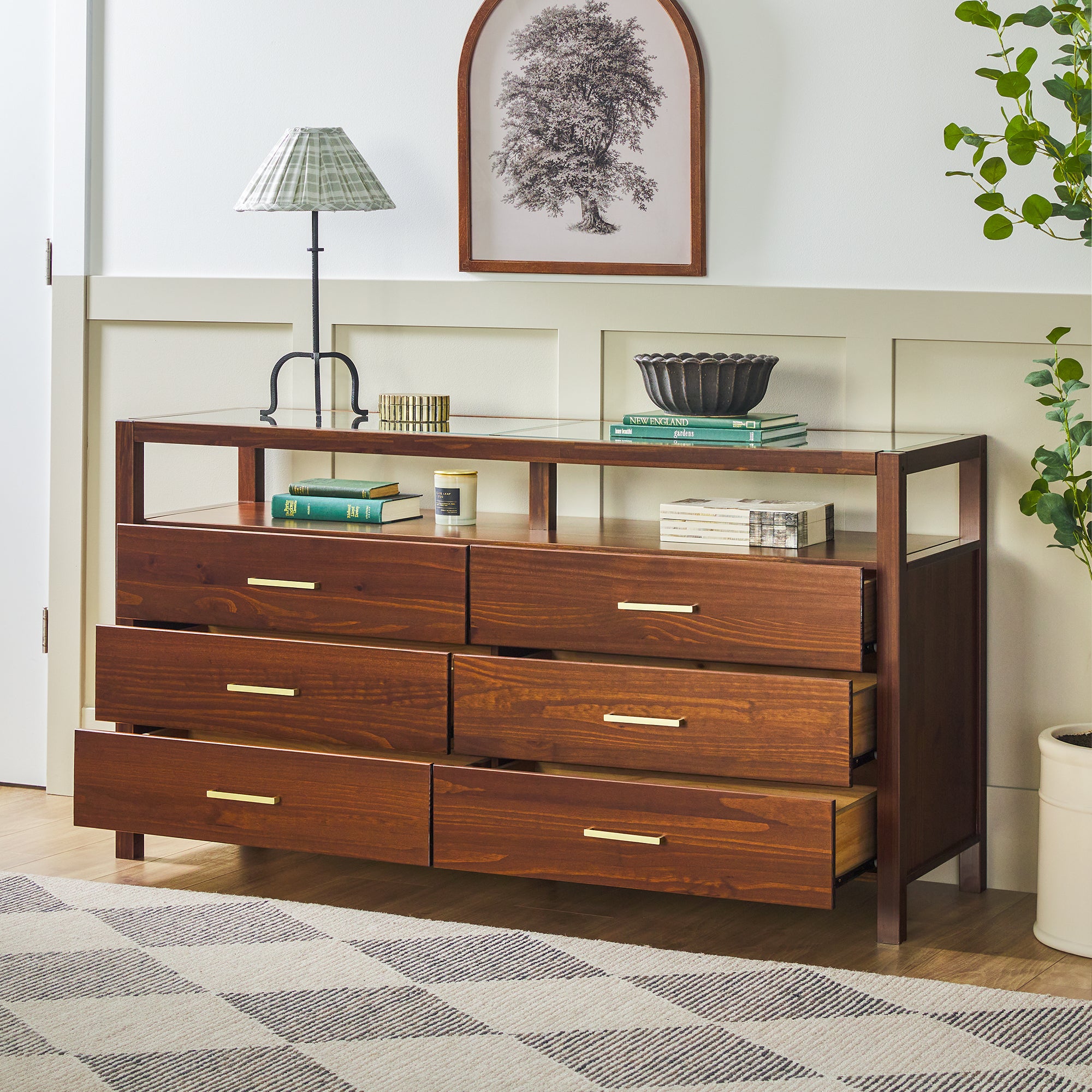 Isla Modern Easy Assembly 6 Drawer Dresser with Glass Top