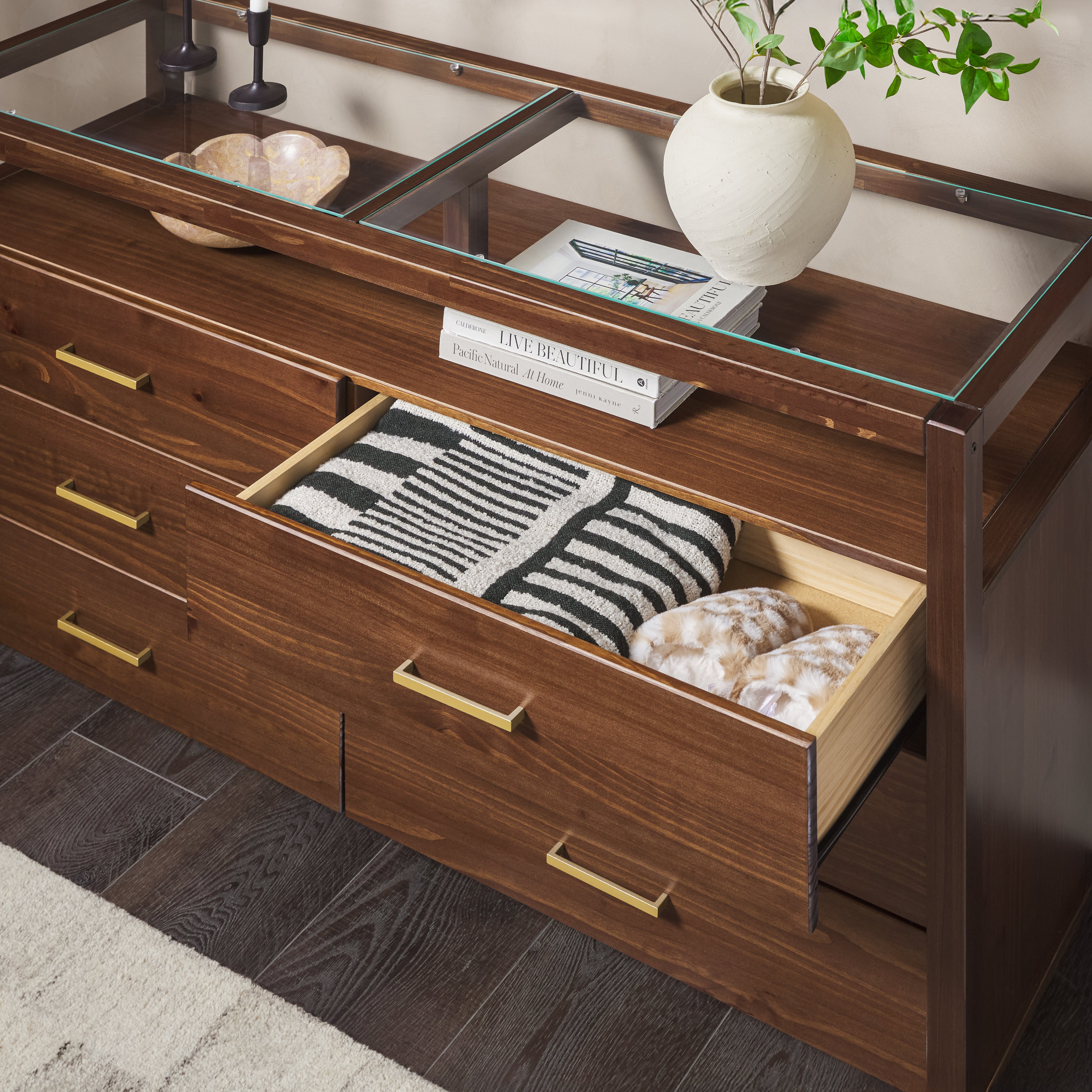 Isla Modern Easy Assembly 6 Drawer Dresser with Glass Top