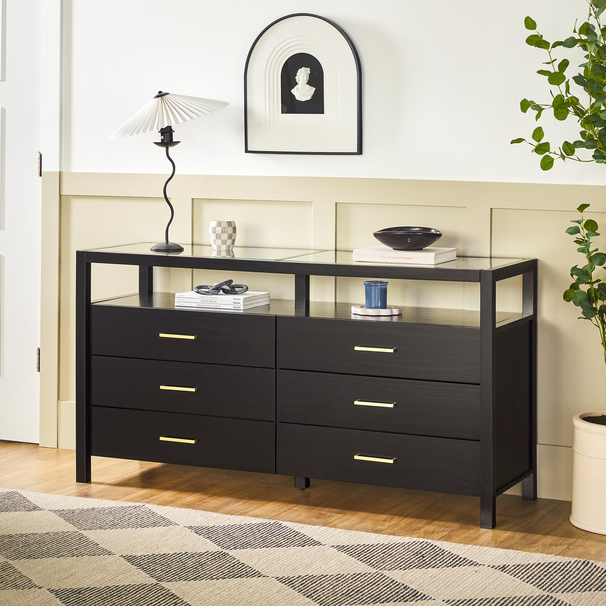 Isla Modern Easy Assembly 6 Drawer Dresser with Glass Top