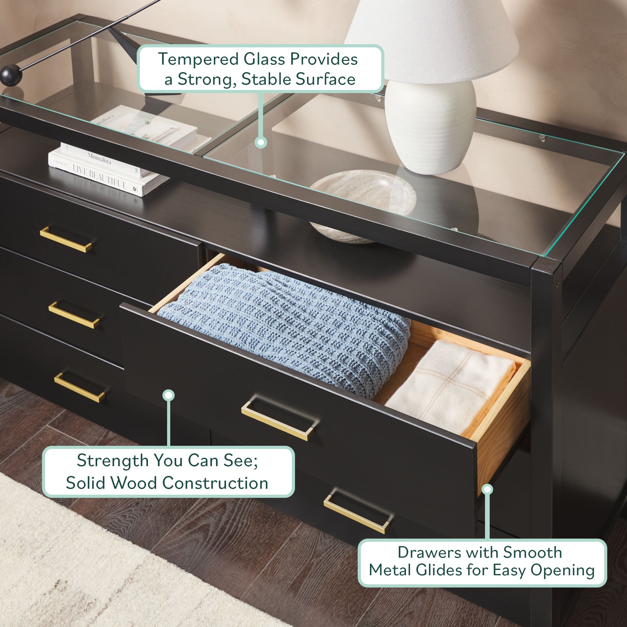 Isla Modern Easy Assembly 6 Drawer Dresser with Glass Top