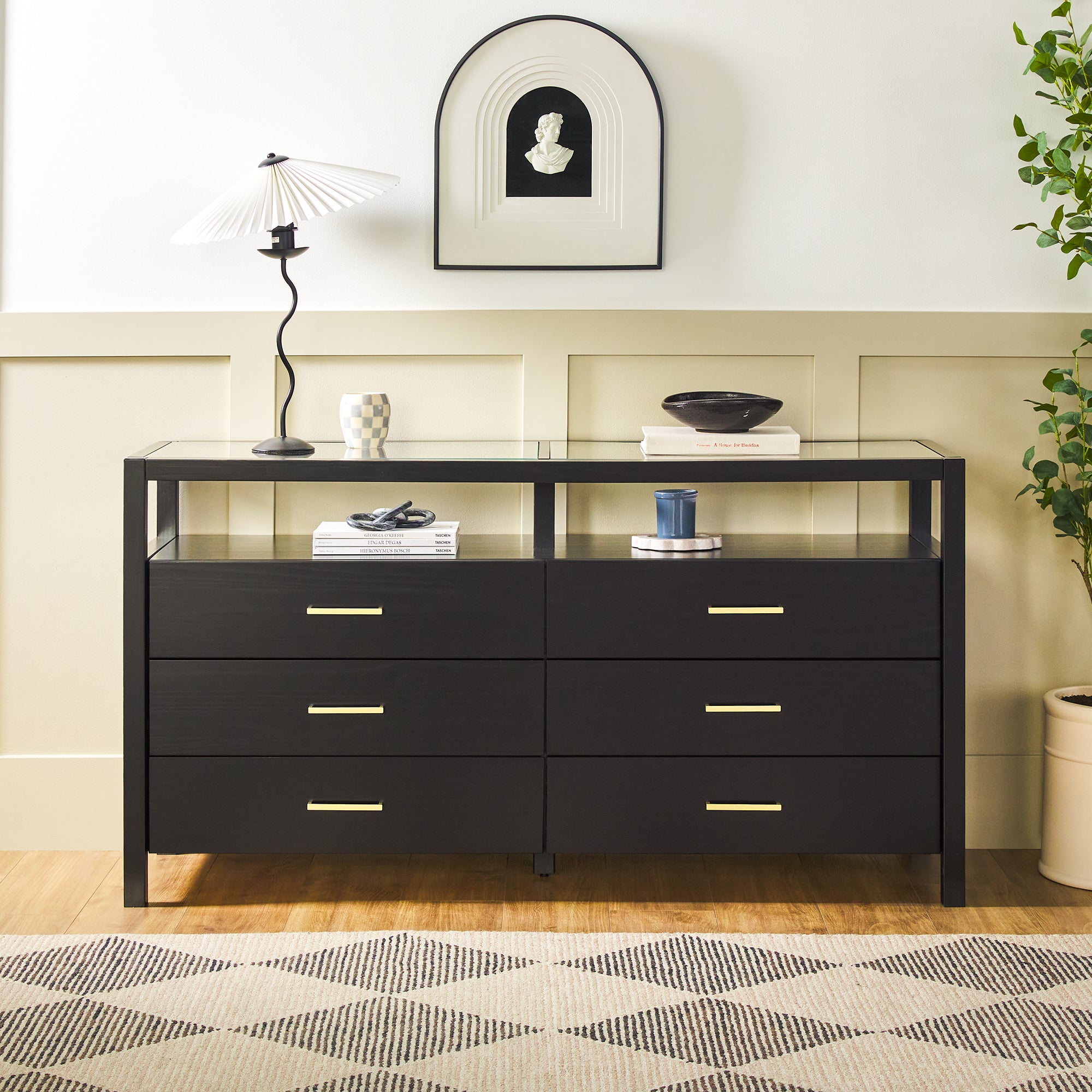 Isla Modern Easy Assembly 6 Drawer Dresser with Glass Top