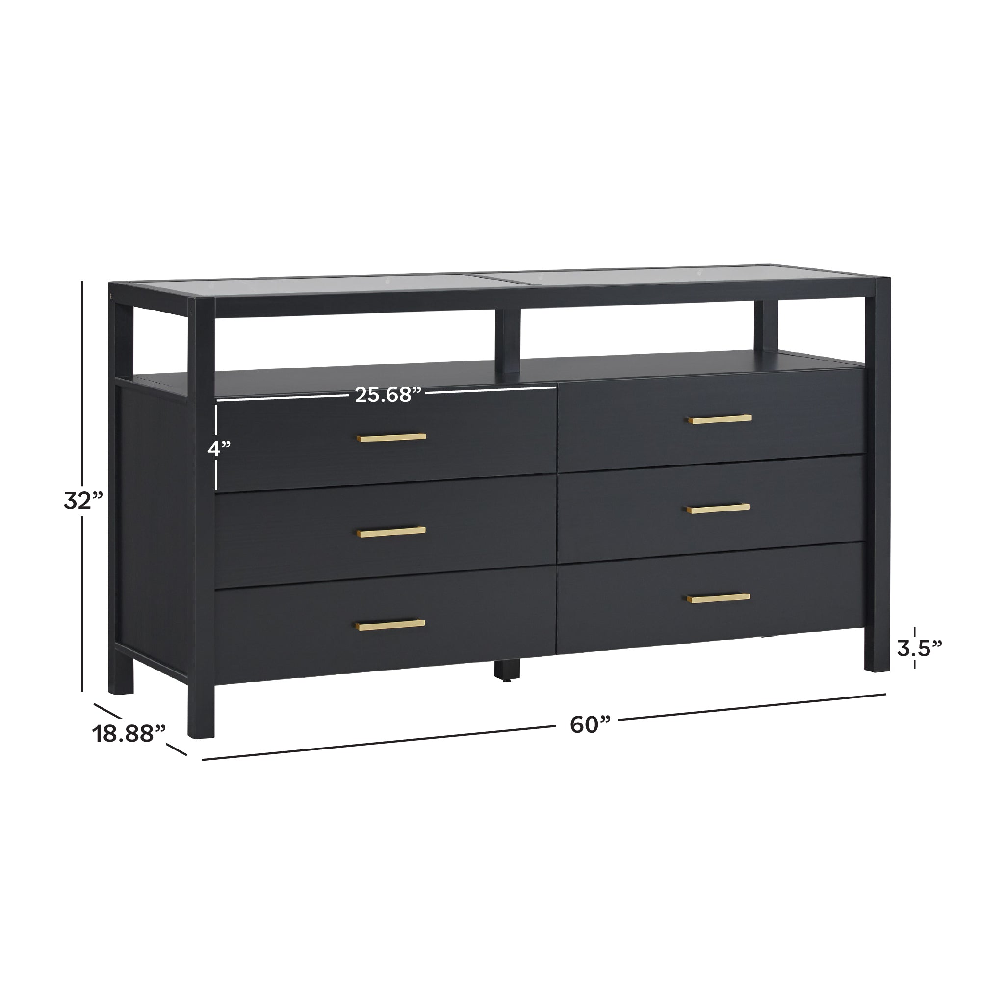Isla Modern Easy Assembly 6 Drawer Dresser with Glass Top
