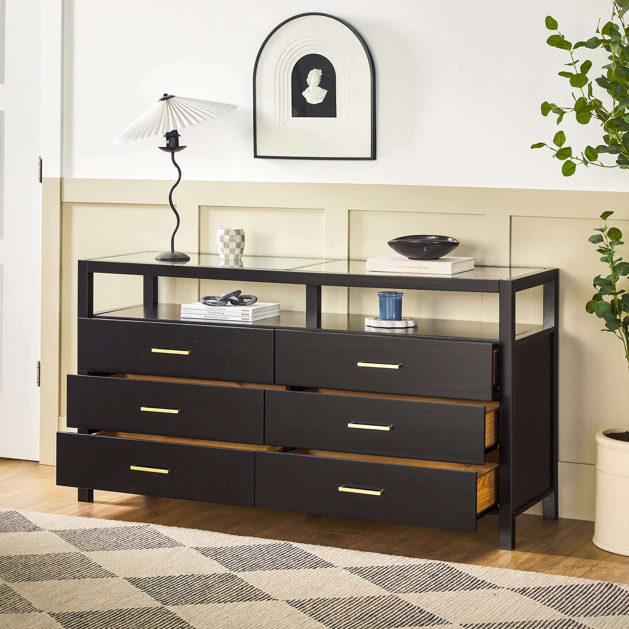 Isla Modern Easy Assembly 6 Drawer Dresser with Glass Top