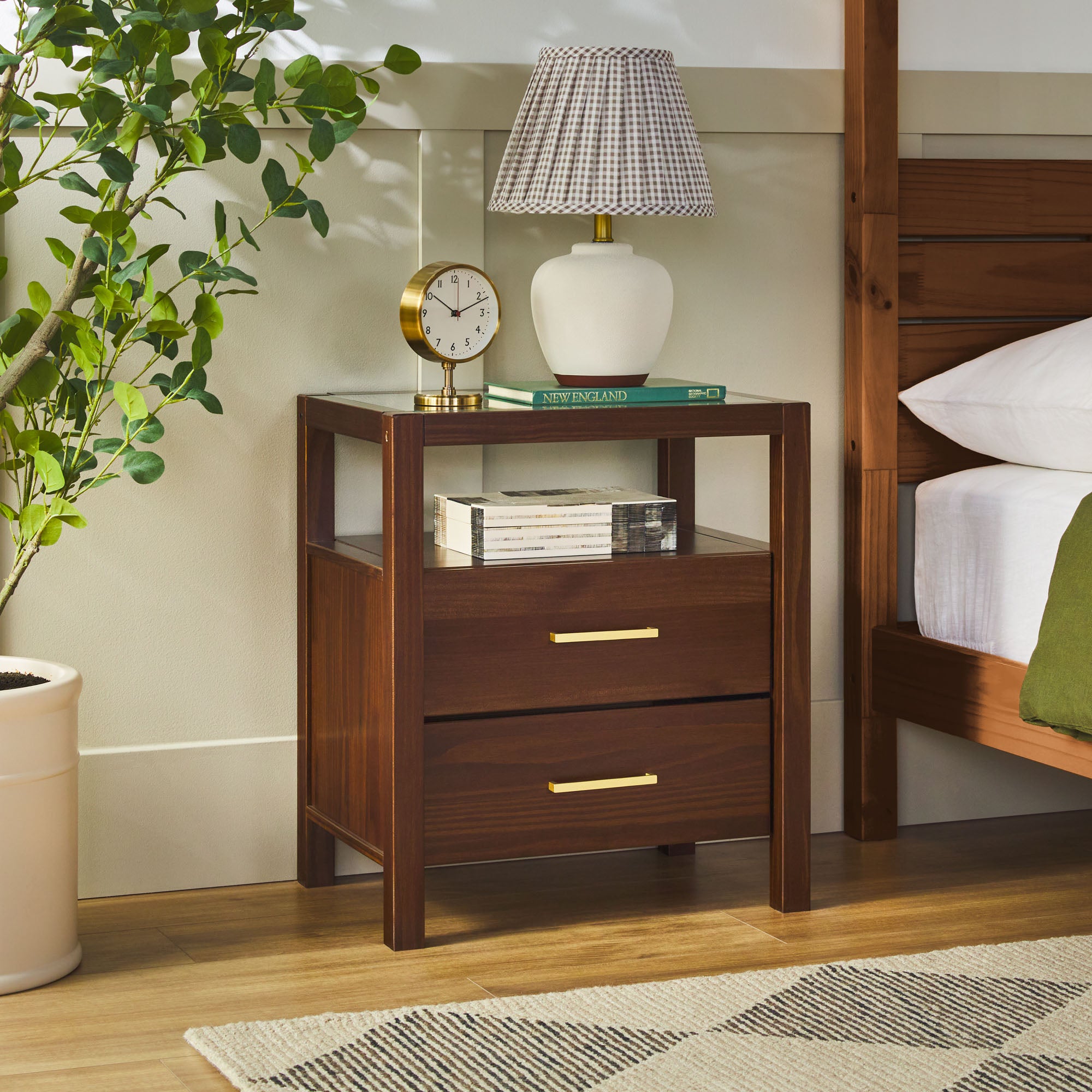 Isla Modern Easy Assembly 2 Drawer Nightstand with Glass Top