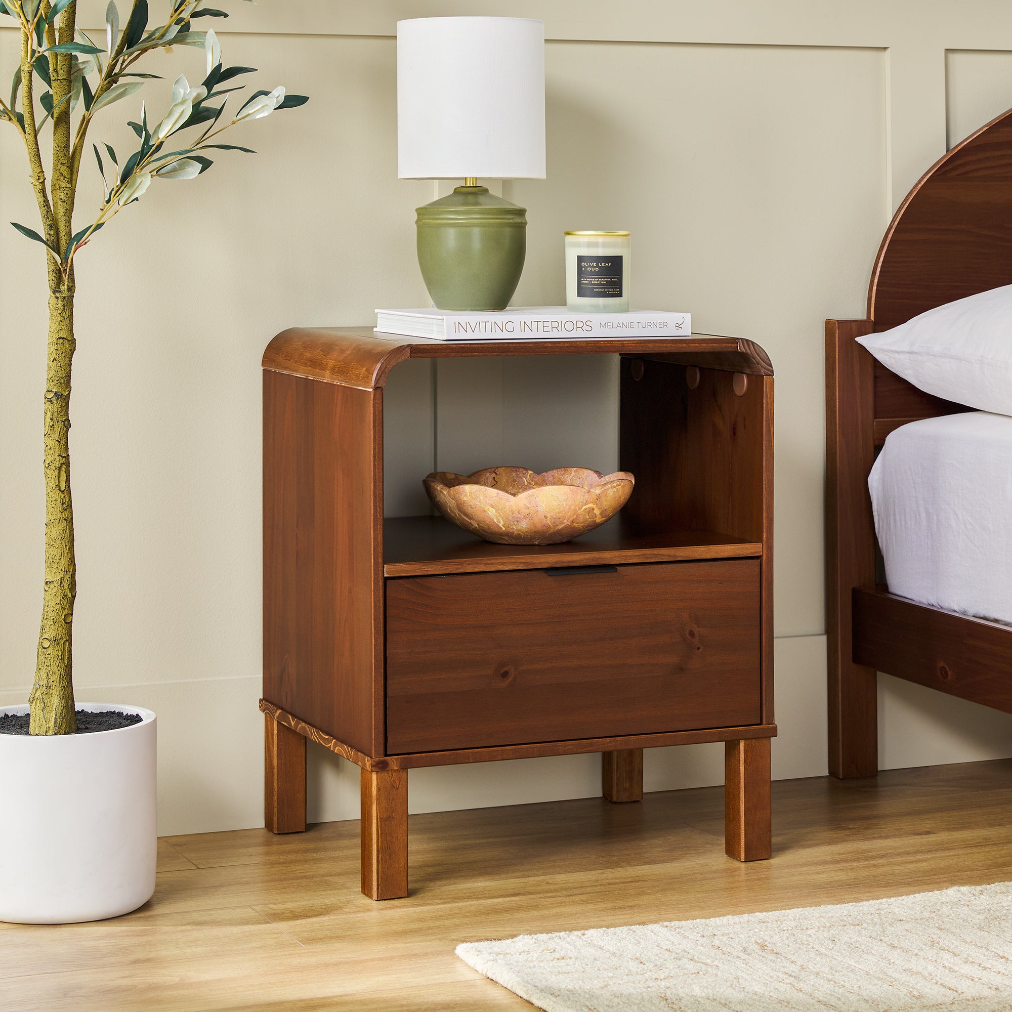 Elias Modern Curved-Frame Solid Wood Nightstand