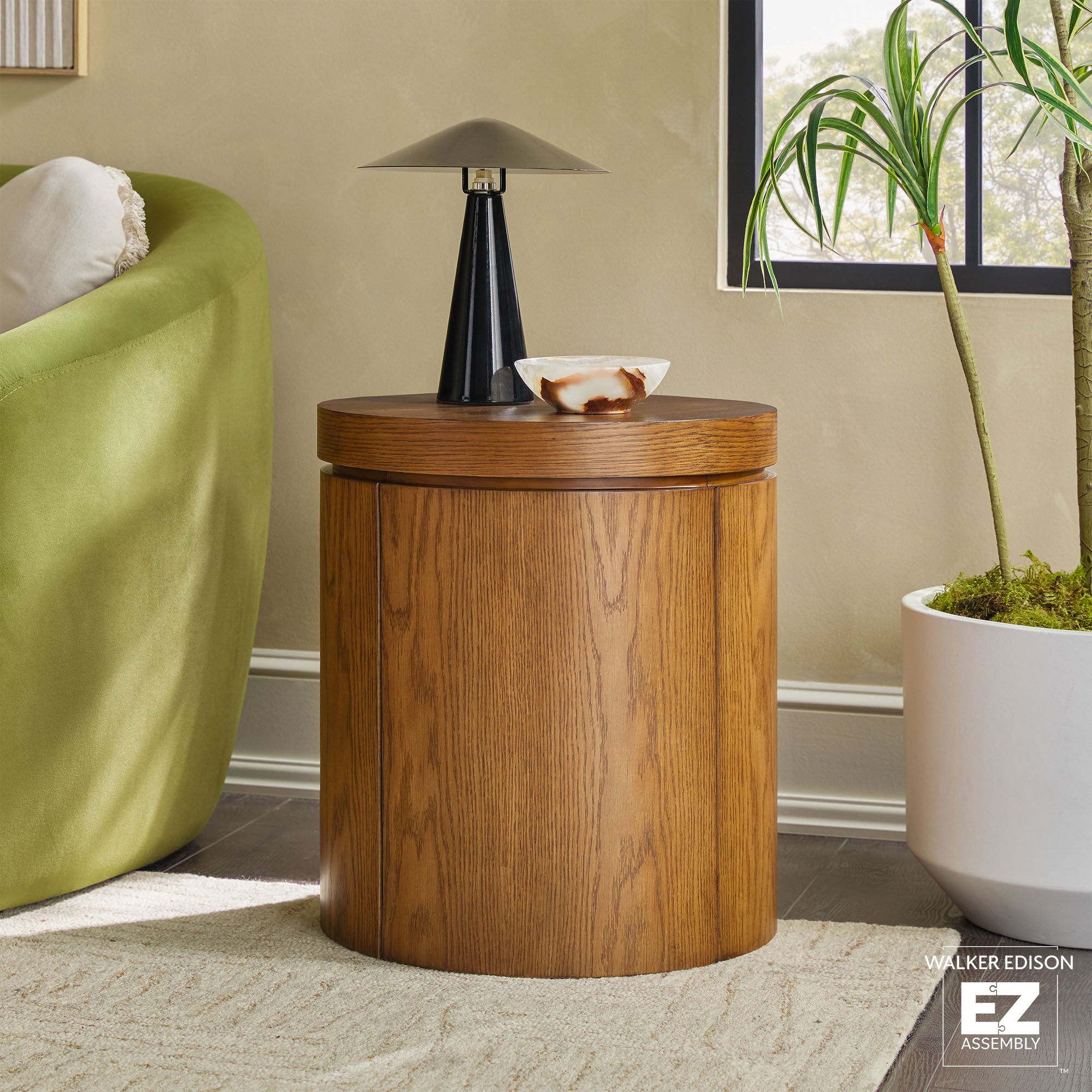 Maya Modern Round Oak Wood Veneer 18" Side Table with Storage