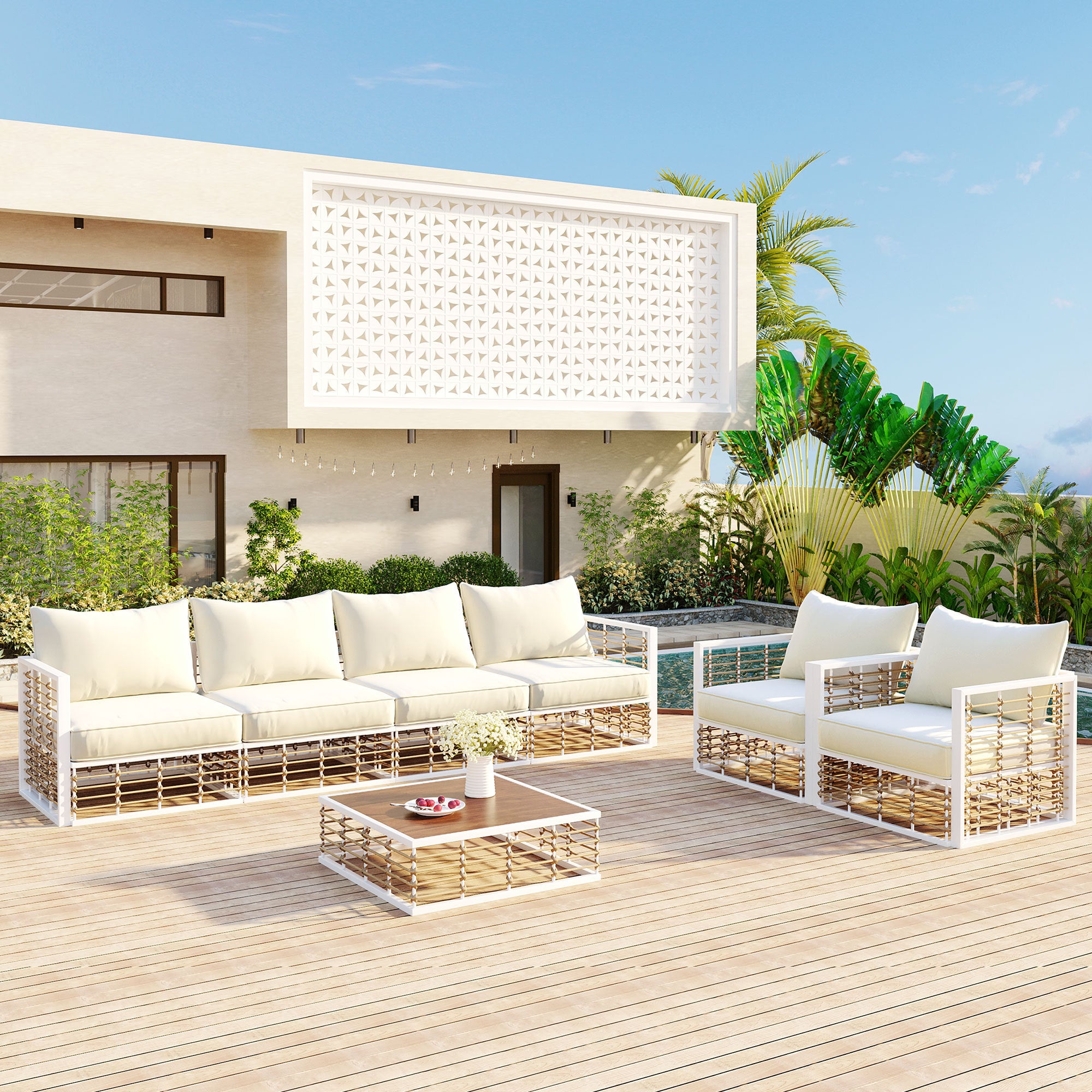 Walker Edison | White Modern Minimalist 7-Piece Metal Outdoor Patio Sectional Sofa Set