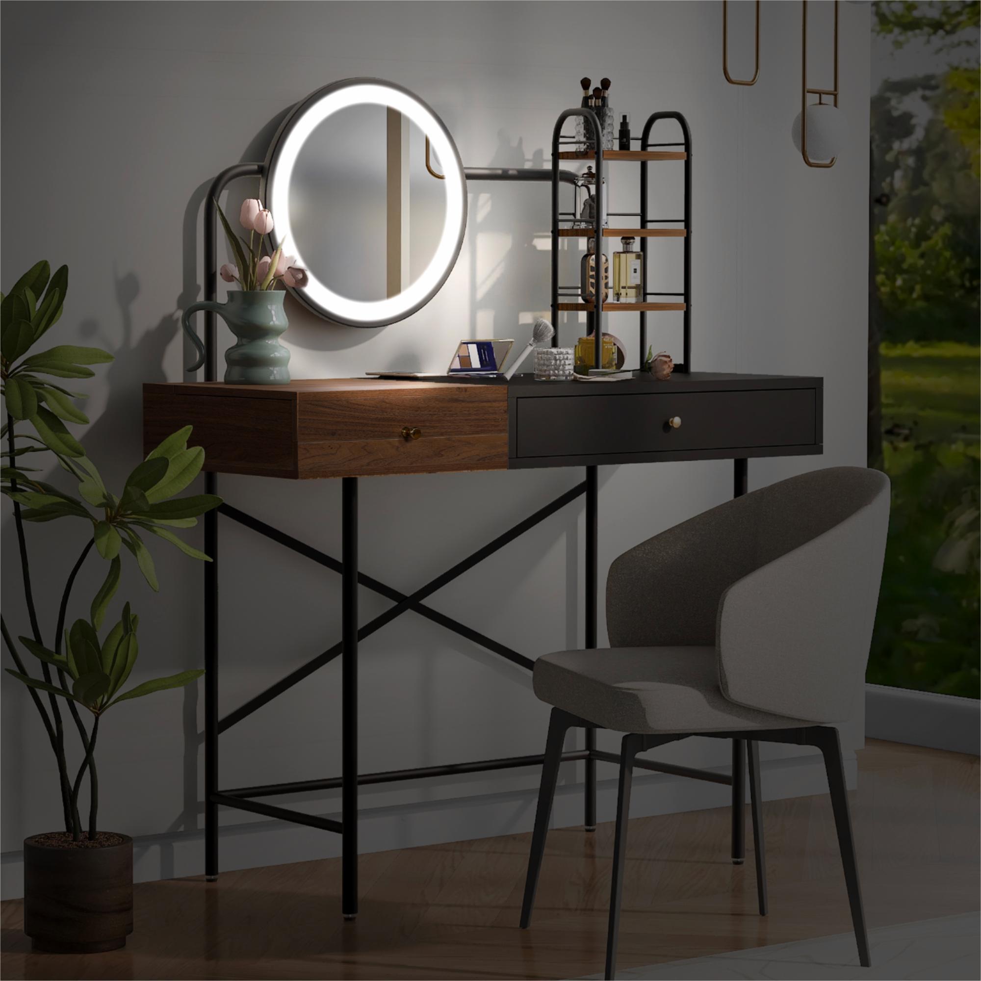 Walker Edison | Makeup Vanity Desk with 3-Mode Lighted Mirror, Wireless Charging Station and Storage