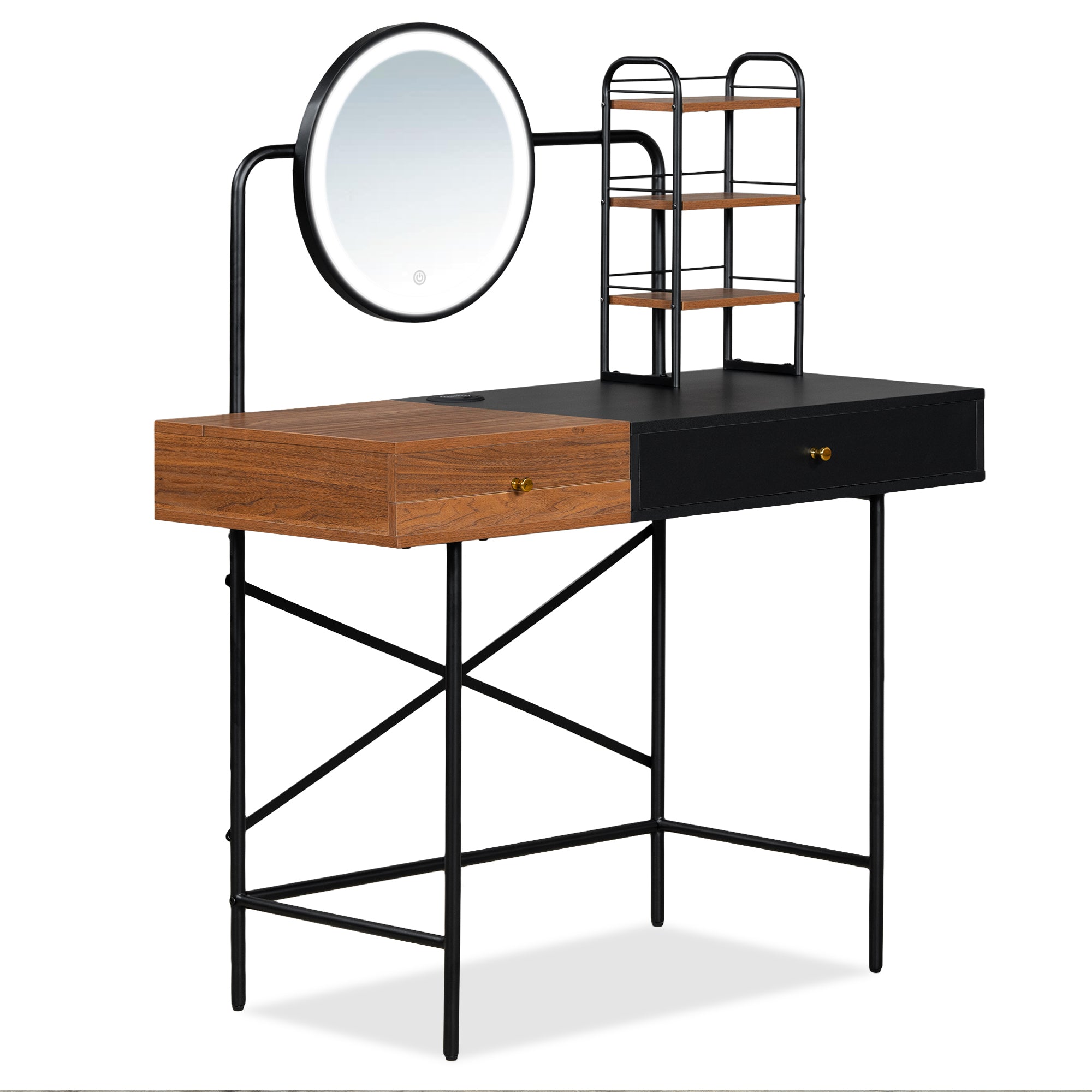 Walker Edison | Makeup Vanity Desk with 3-Mode Lighted Mirror, Wireless Charging Station and Storage