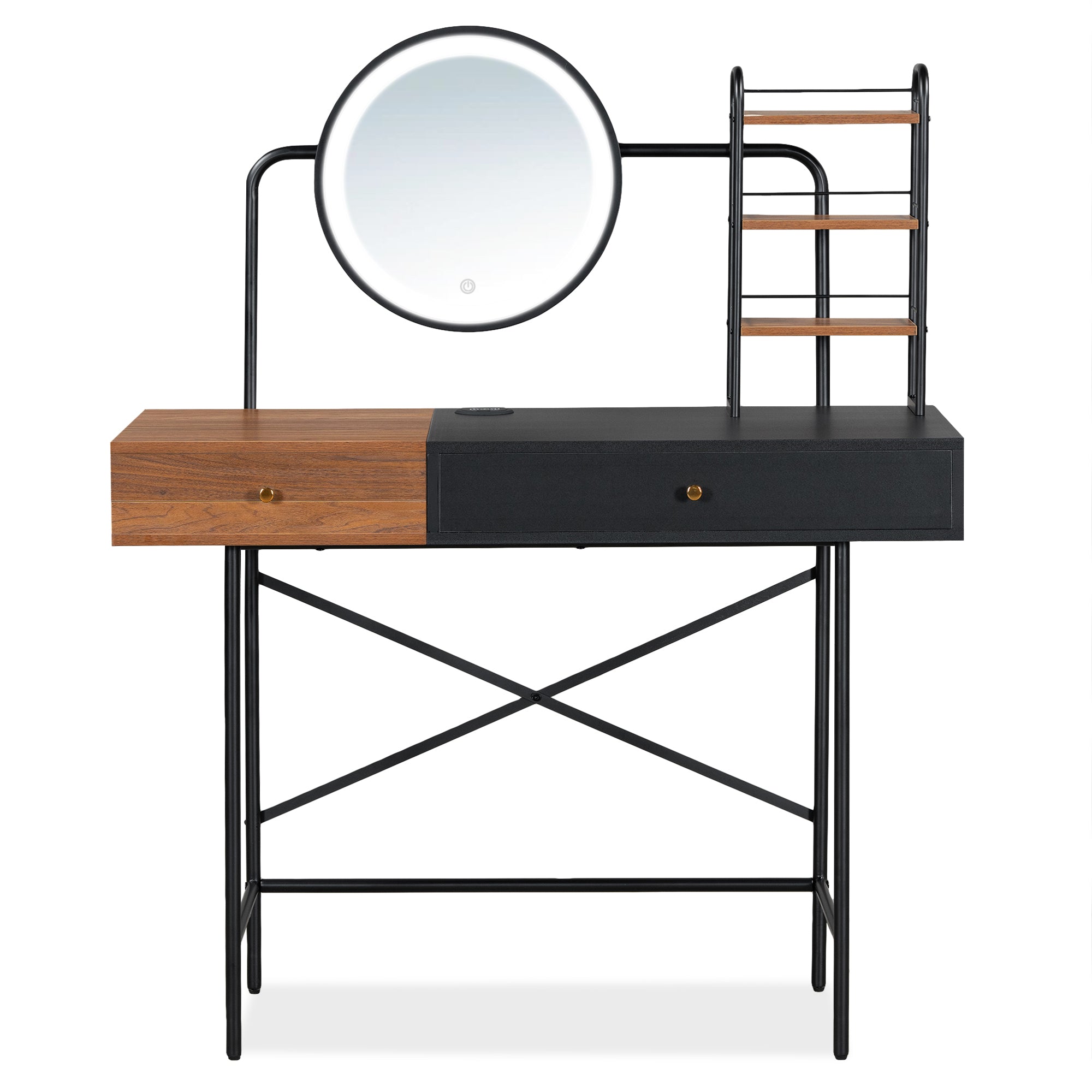 Walker Edison | Makeup Vanity Desk with 3-Mode Lighted Mirror, Wireless Charging Station and Storage