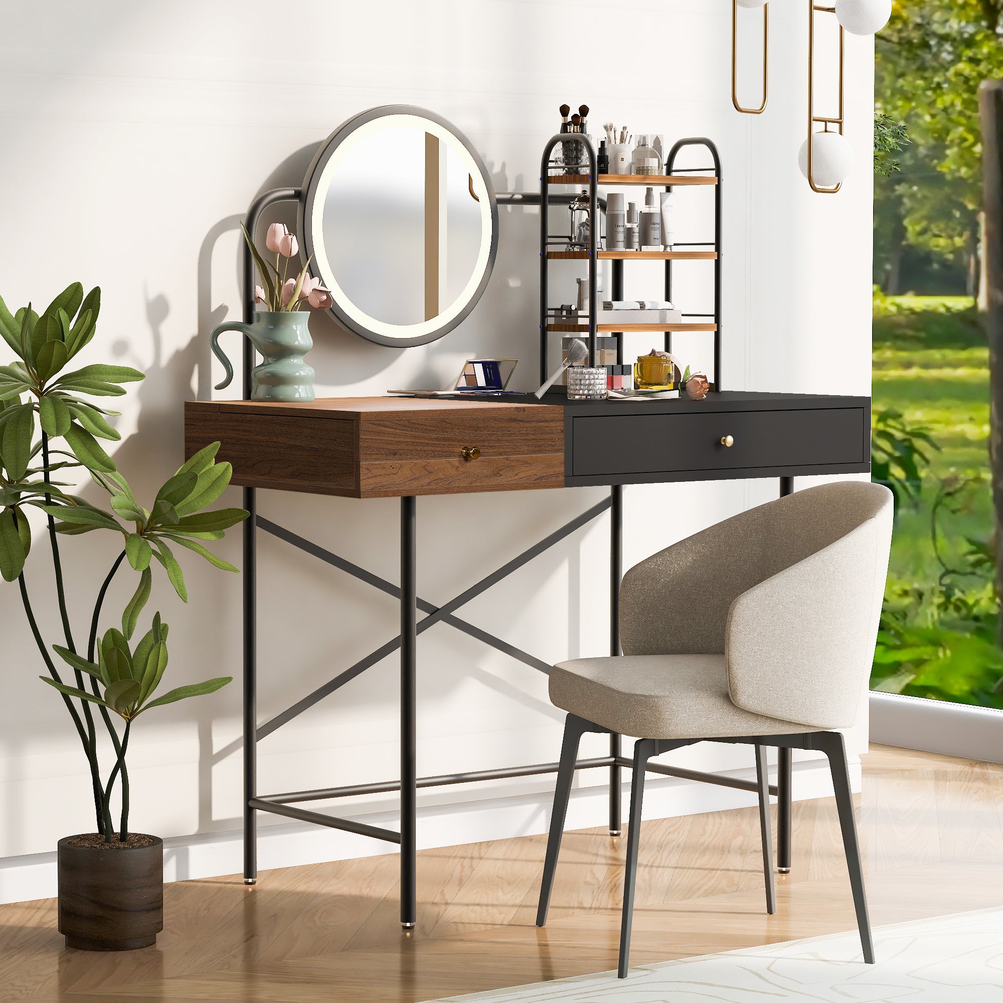 Walker Edison | Makeup Vanity Desk with 3-Mode Lighted Mirror, Wireless Charging Station and Storage