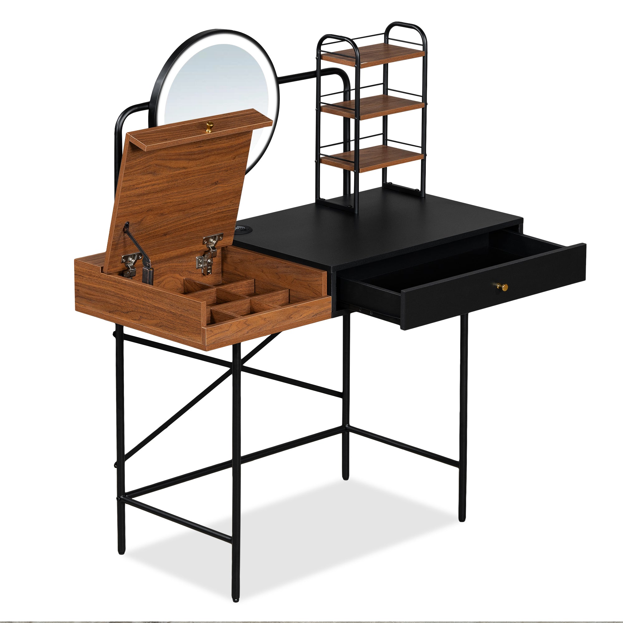 Walker Edison | Makeup Vanity Desk with 3-Mode Lighted Mirror, Wireless Charging Station and Storage