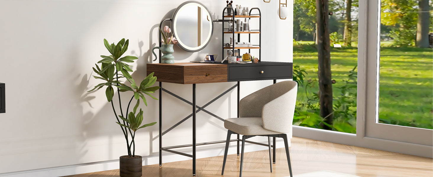 Walker Edison | Makeup Vanity Desk with 3-Mode Lighted Mirror, Wireless Charging Station and Storage