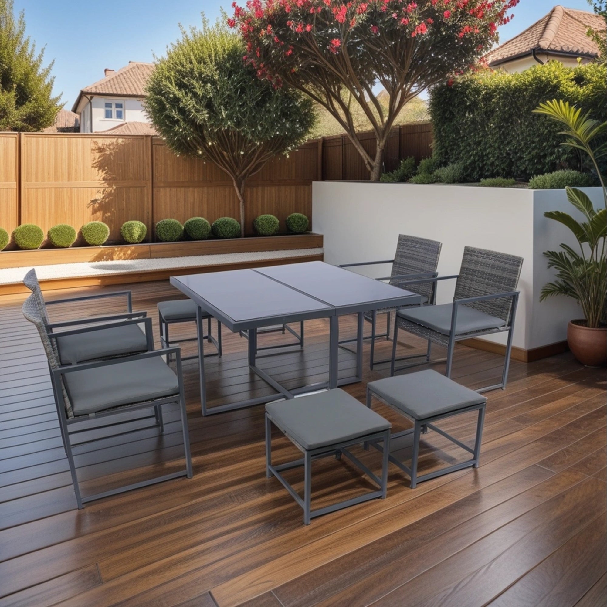Walker Edison | 9 Pieces Rattan Outdoor Patio Dining Set with Glass Table Top