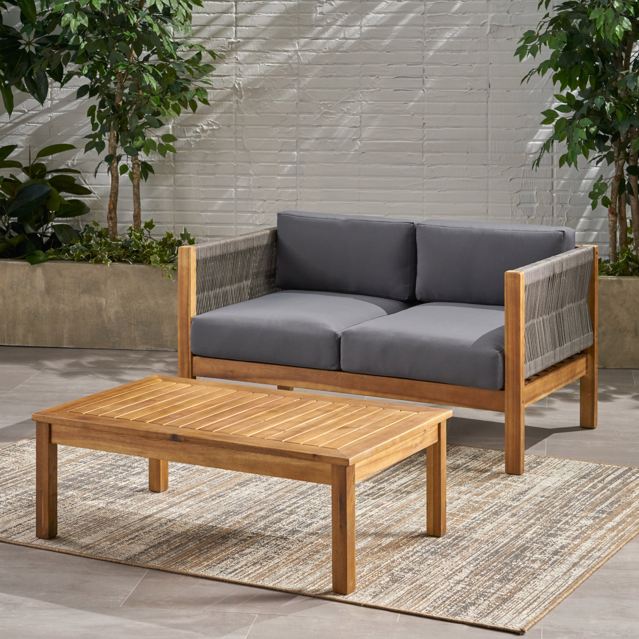 Walker Edison | Rope Design Outdoor Teak Loveseat Set
