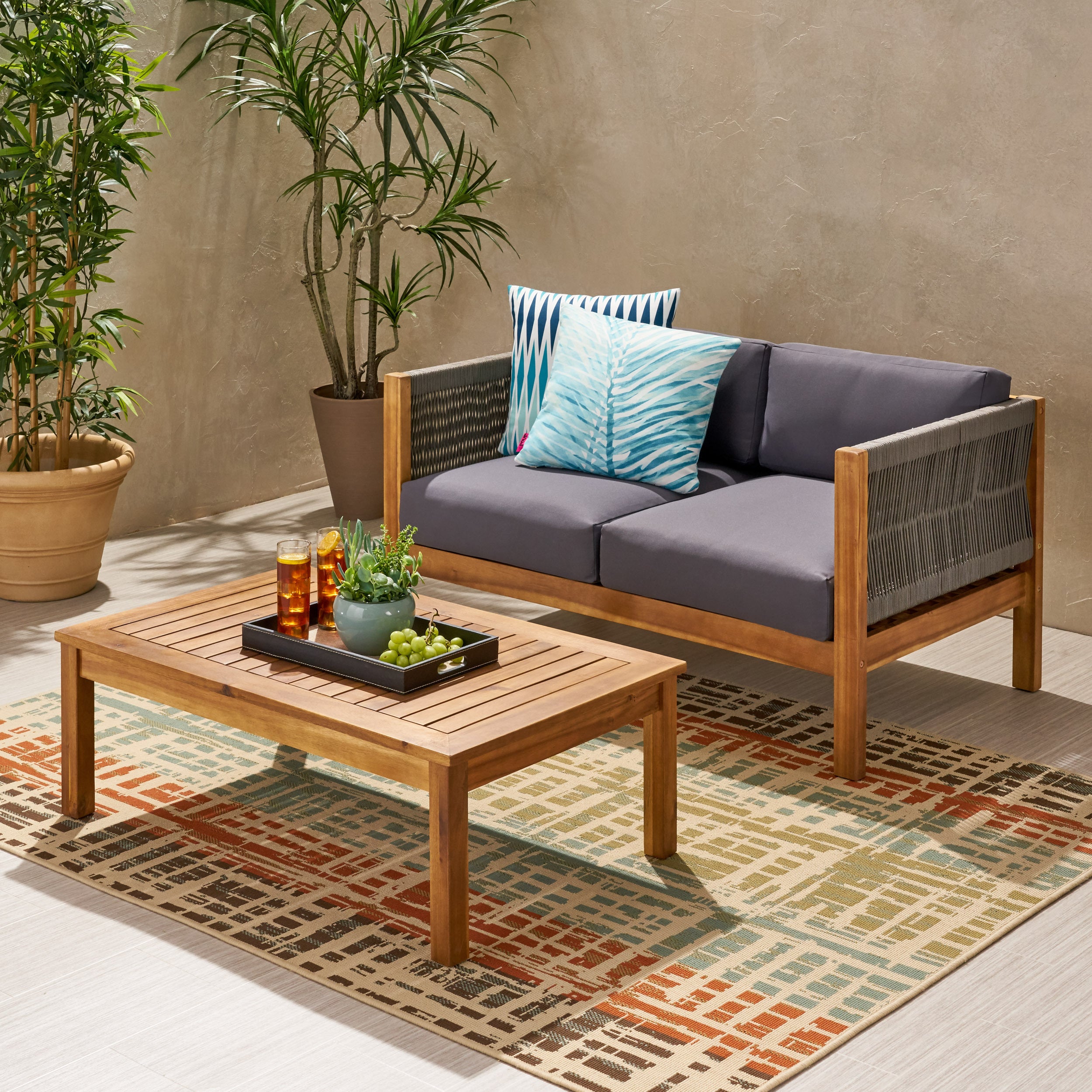 Walker Edison | Rope Design Outdoor Teak Loveseat Set