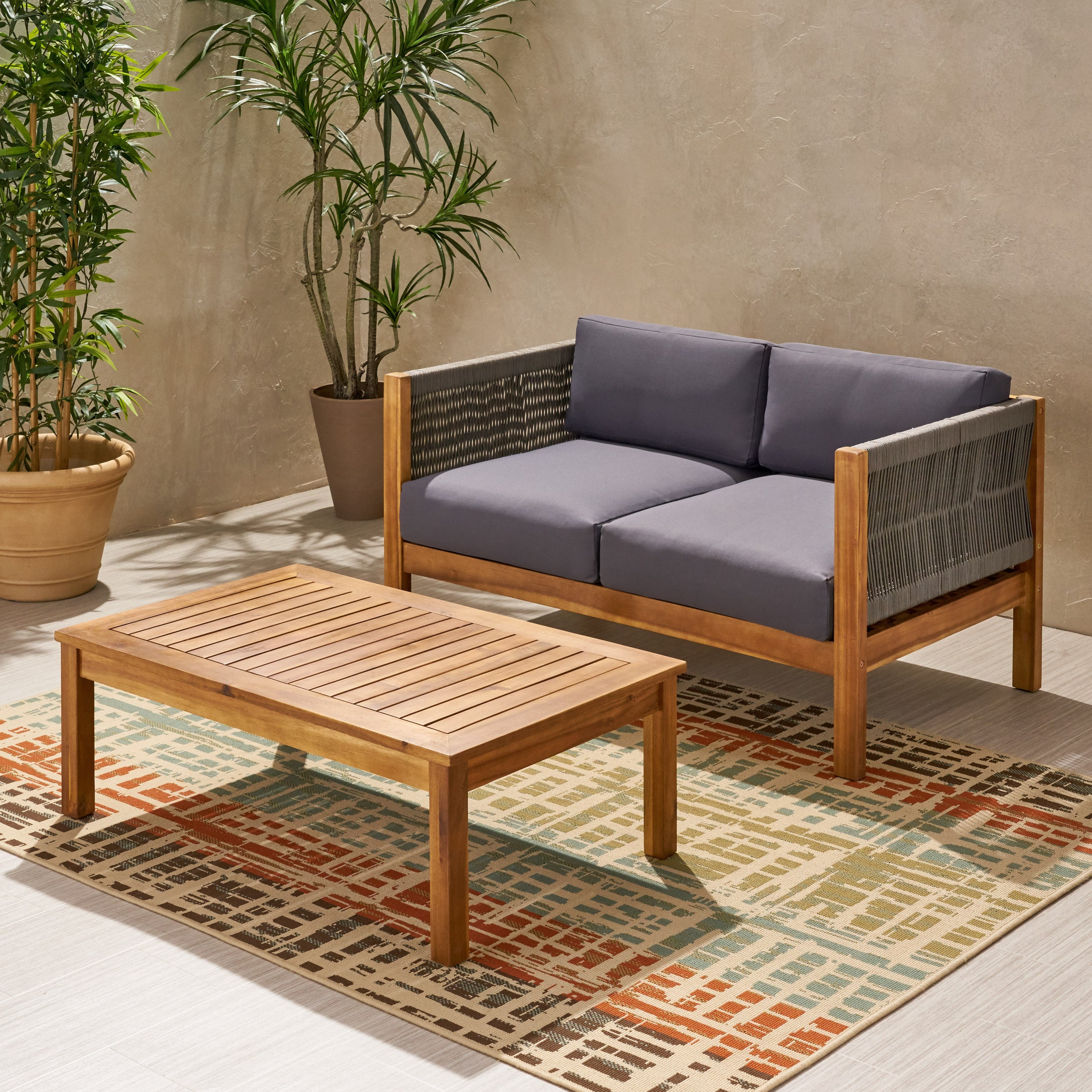 Walker Edison | Rope Design Outdoor Teak Loveseat Set