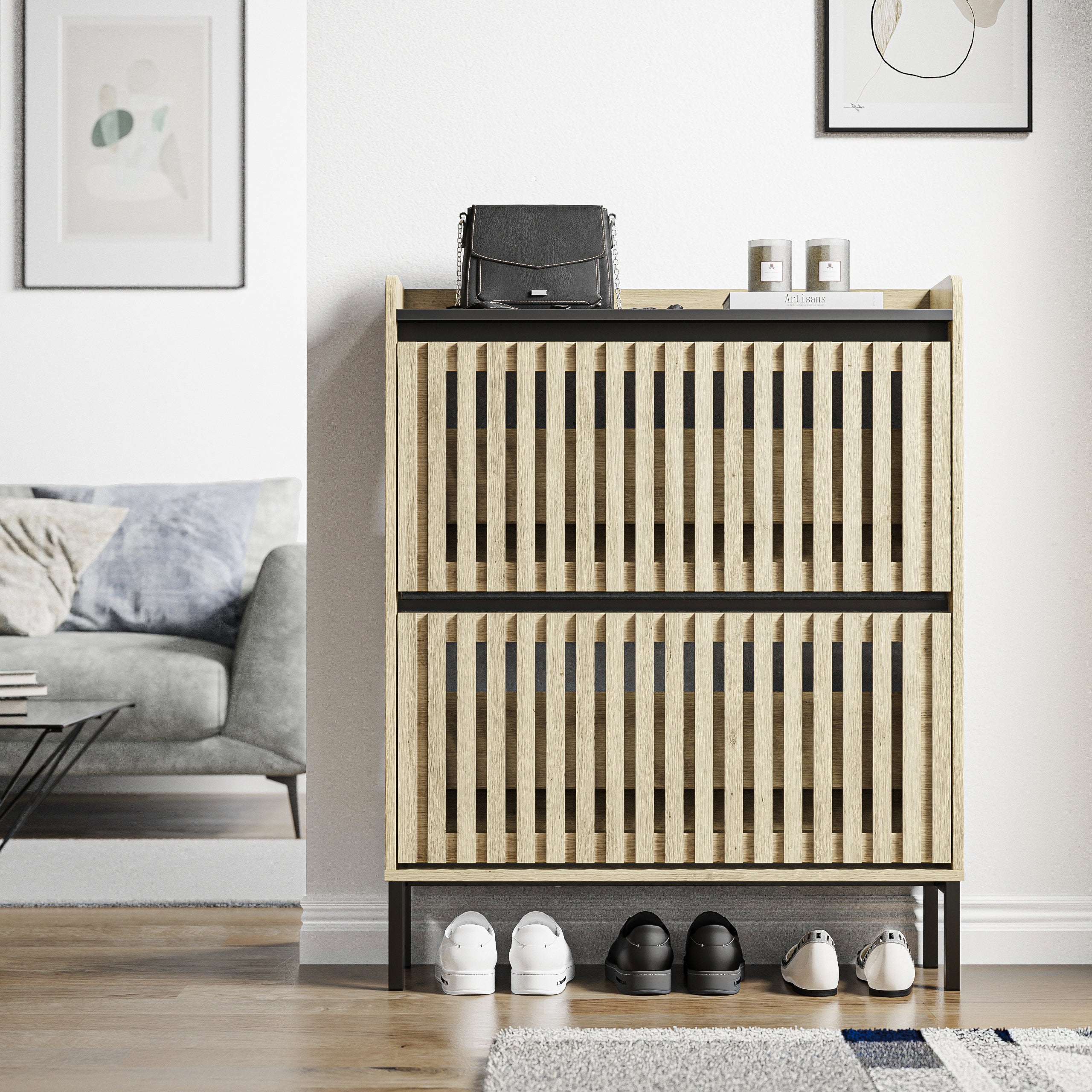 Walker Edison | Stylish Teak and Black Entryway Shoe Cabinet