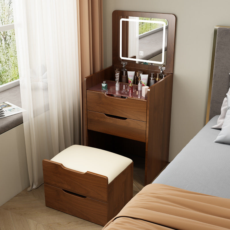 Walker Edison | Walnut 3 in 1 Vanity Desk with Flip Top Mirror & Cushioned Stool