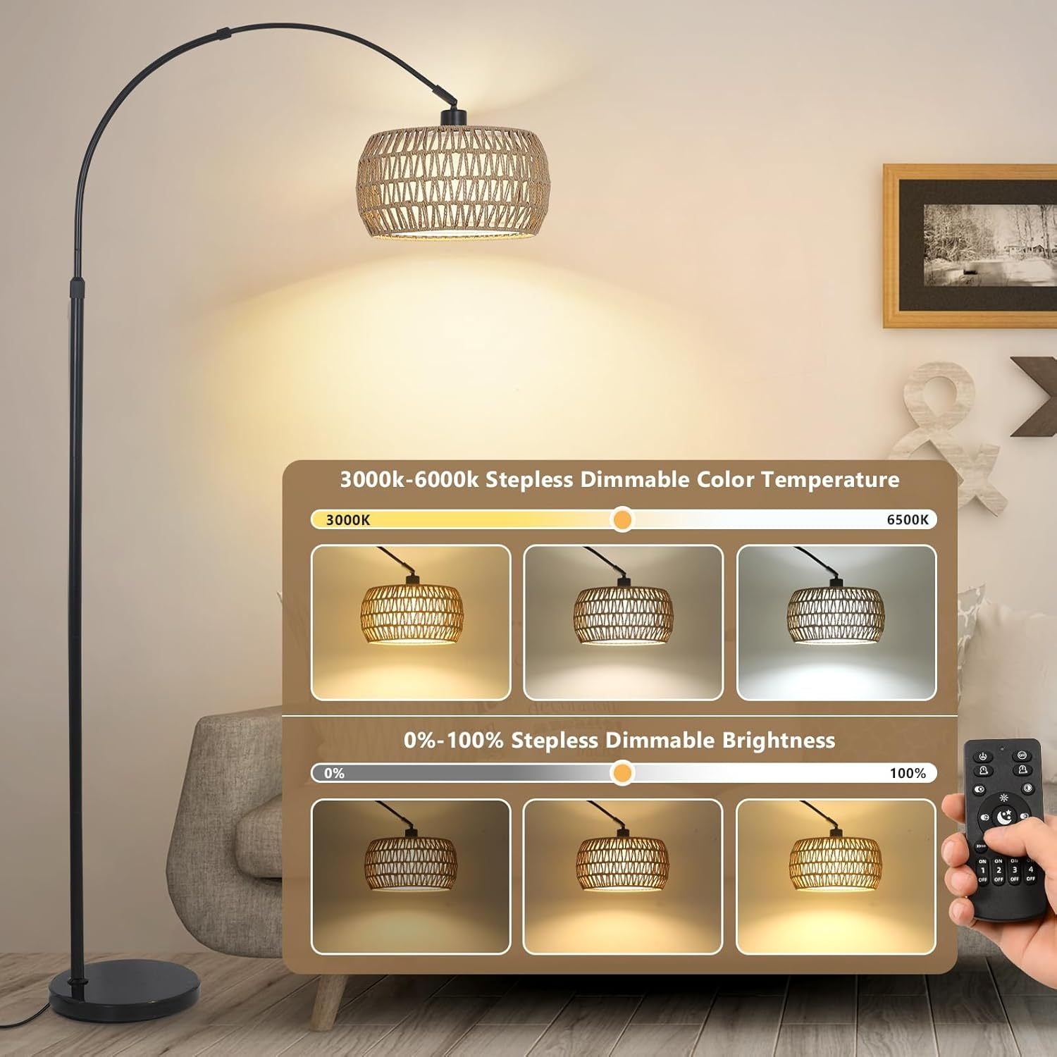 Walker Edison | Boho Arc Floor Lamps for Living Room with 3 Color Temperatures