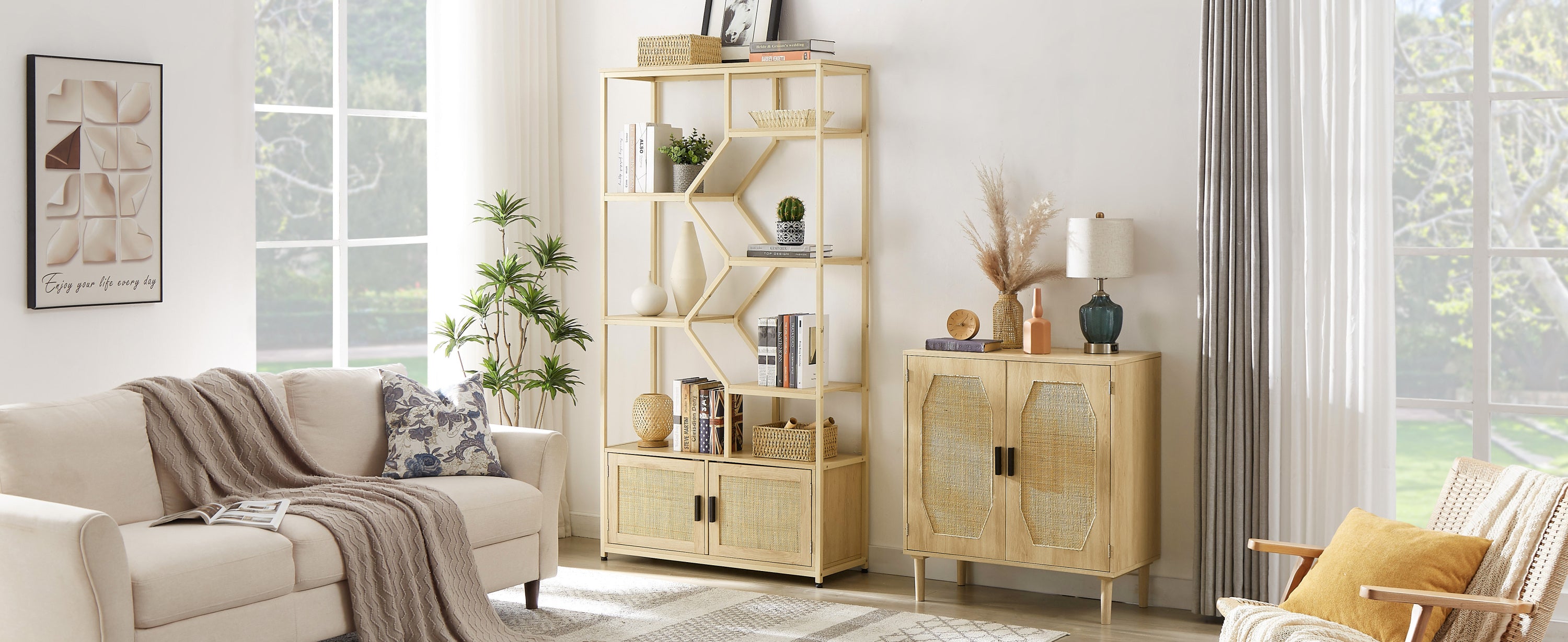 Walker Edison | Rattan Bookshelf Storage Cabinet