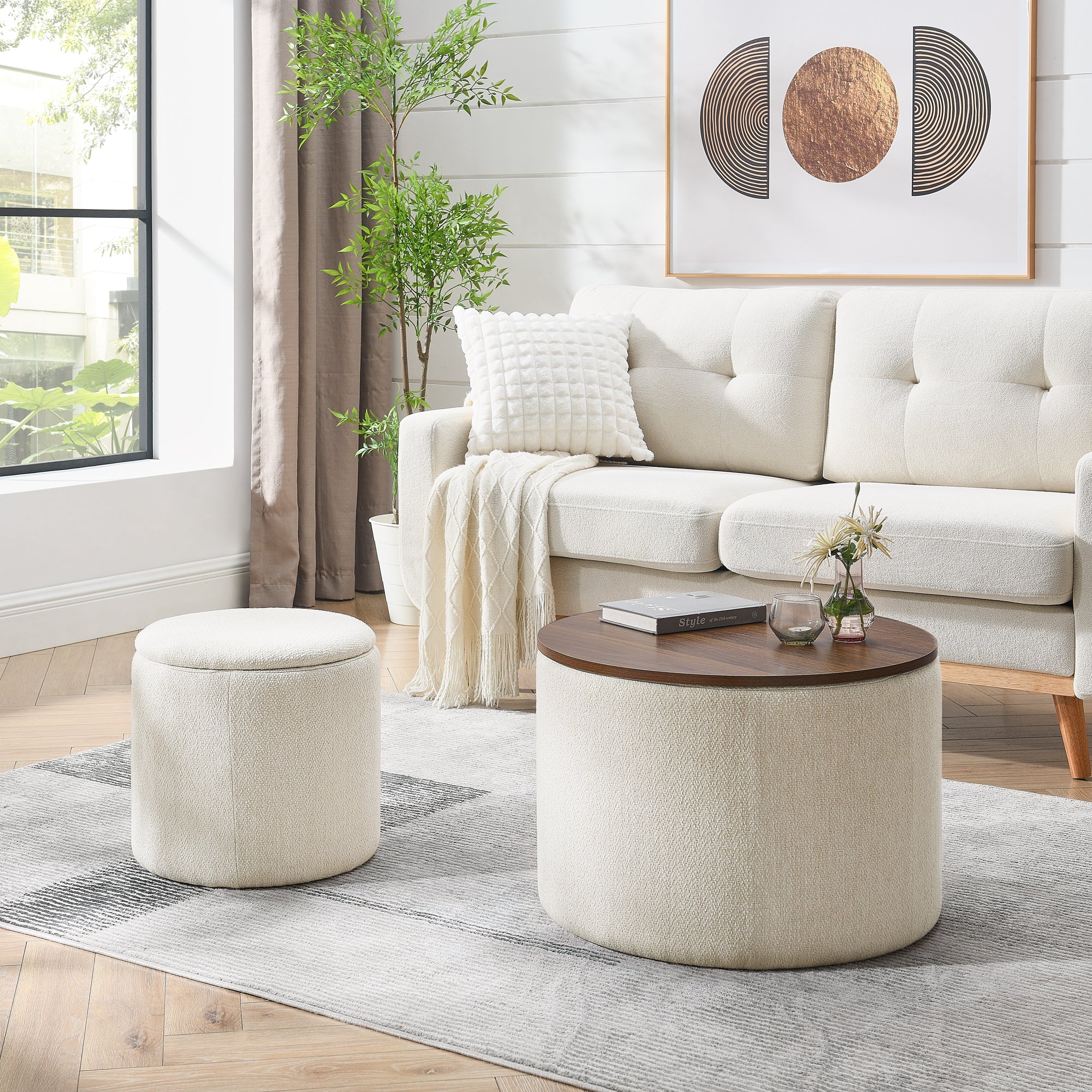 Walker Edison | Chenille 2-Piece Set Round Storage Ottomans