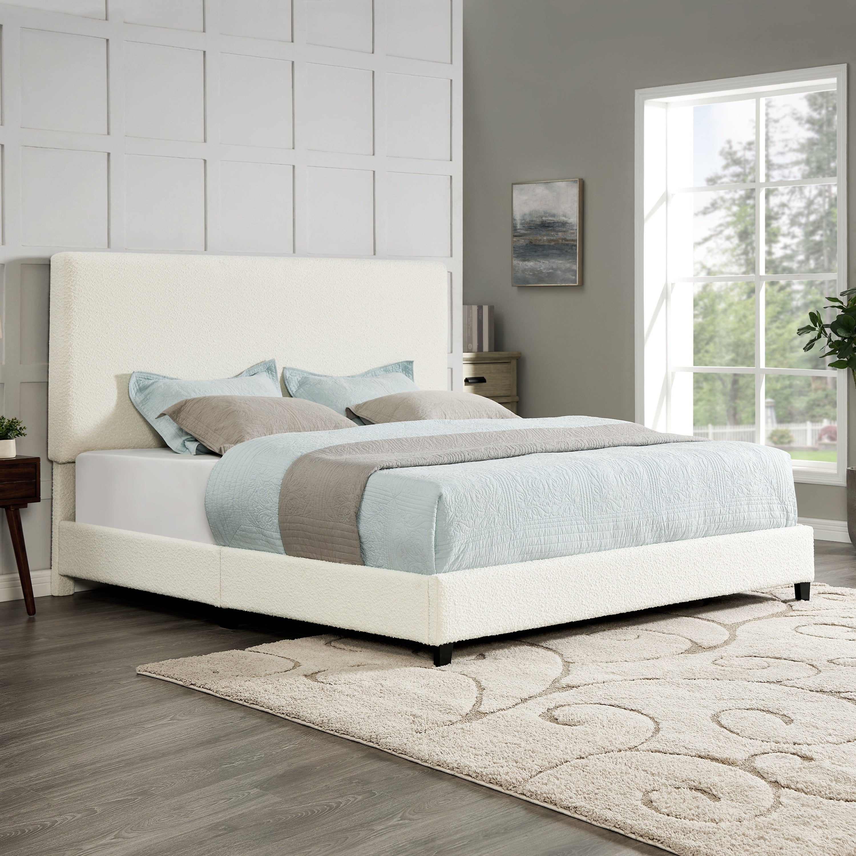 Walker Edison | King Size White Boucle Upholstered Platform Bed