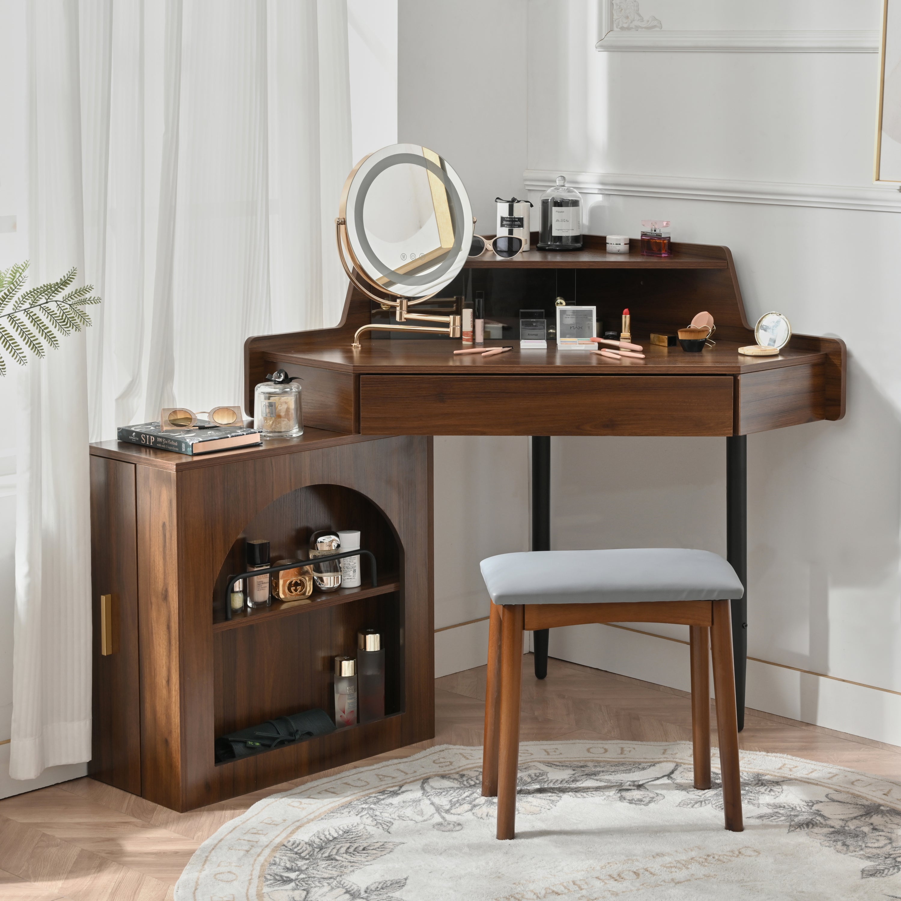 Walker Edison | Corner Makeup Vanity Desk Set With LED Mirror and Stool