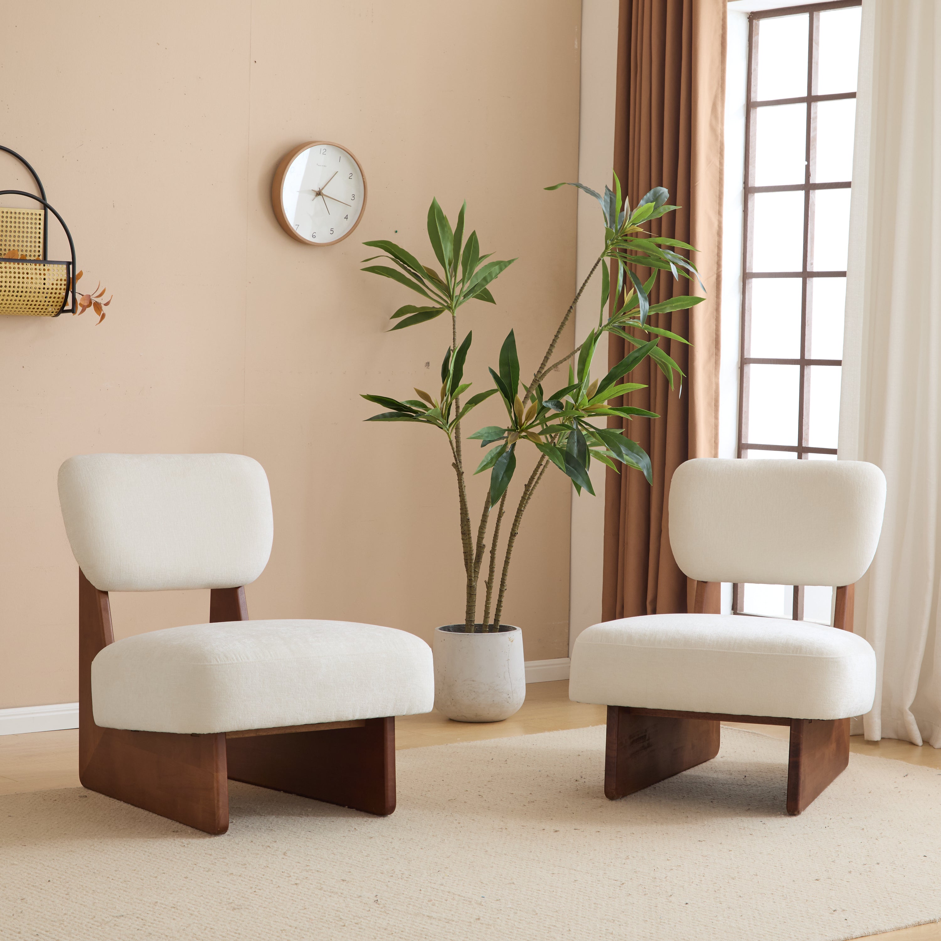 Walker Edison | Modern Beige Lounge Chair with Sturdy Wood Base Set of 2