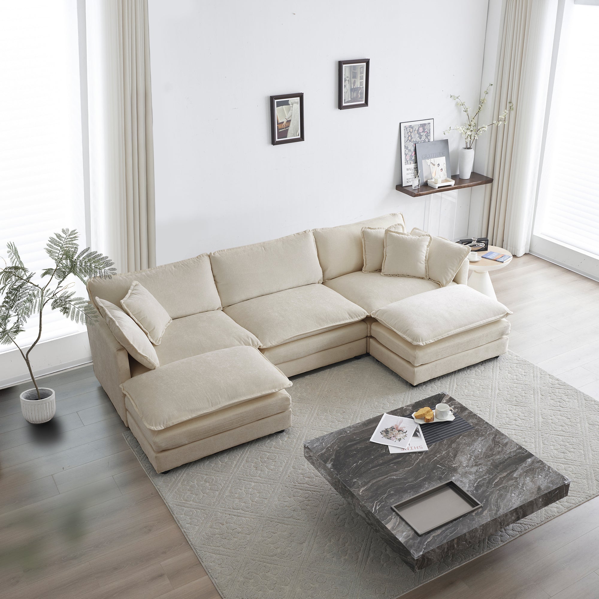 Walker Edison | Chenille Modular Cloud U-Shaped Sectional Sofa with Two Ottomans
