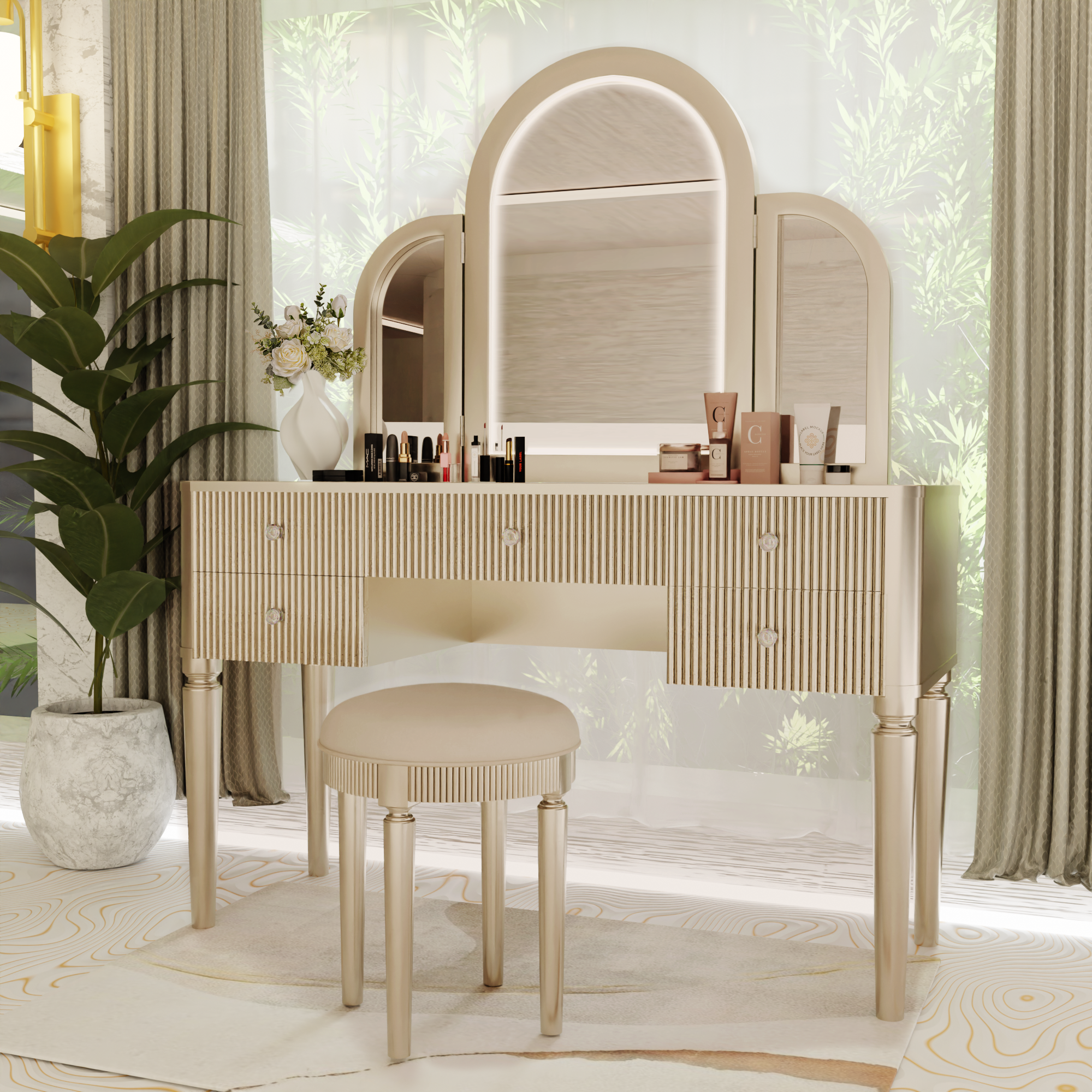 Walker Edison | Champagne Mirrored Vanity with LED Light Set