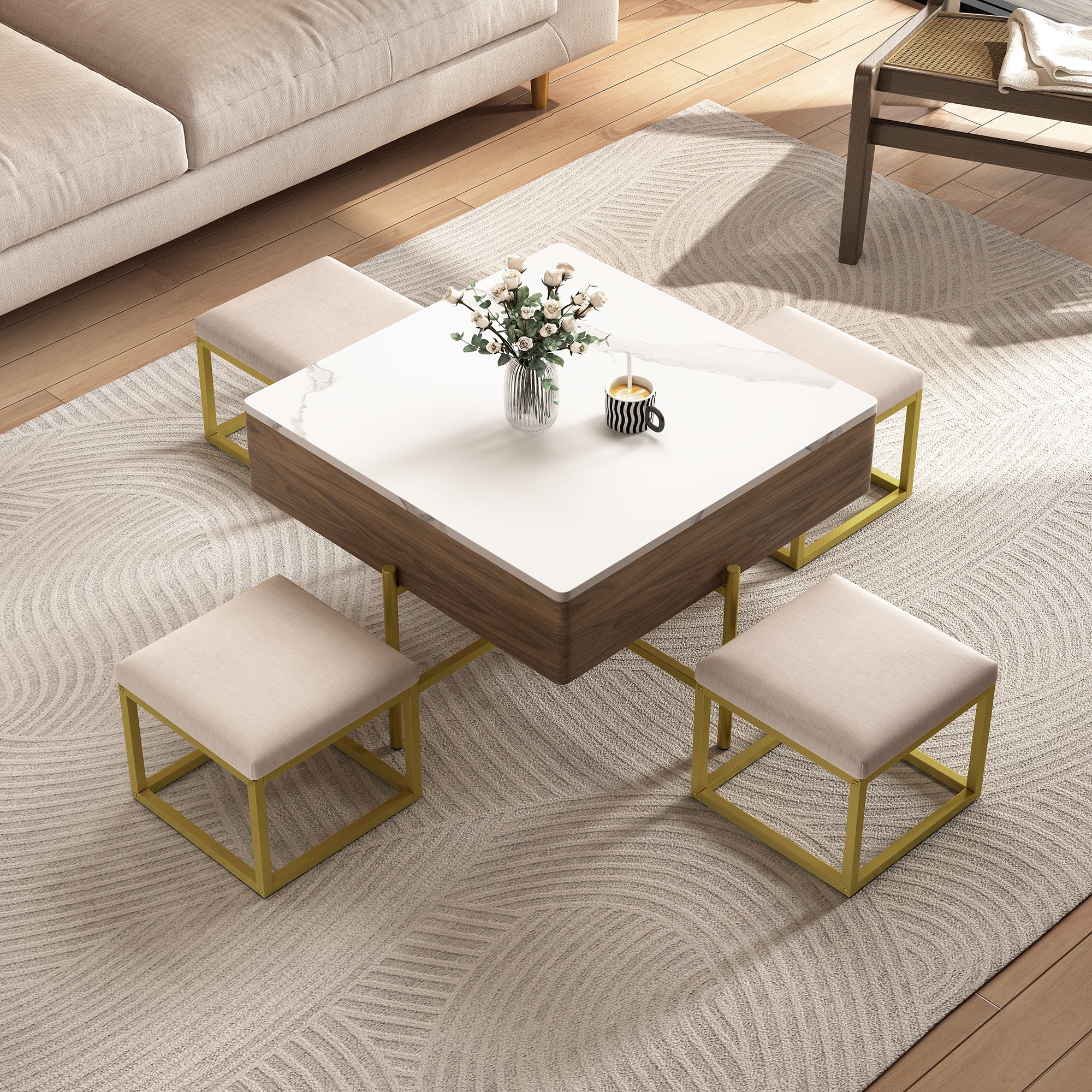 Walker Edison | Modern Square Lift-Top Coffee Table Set with 4 Ottomans