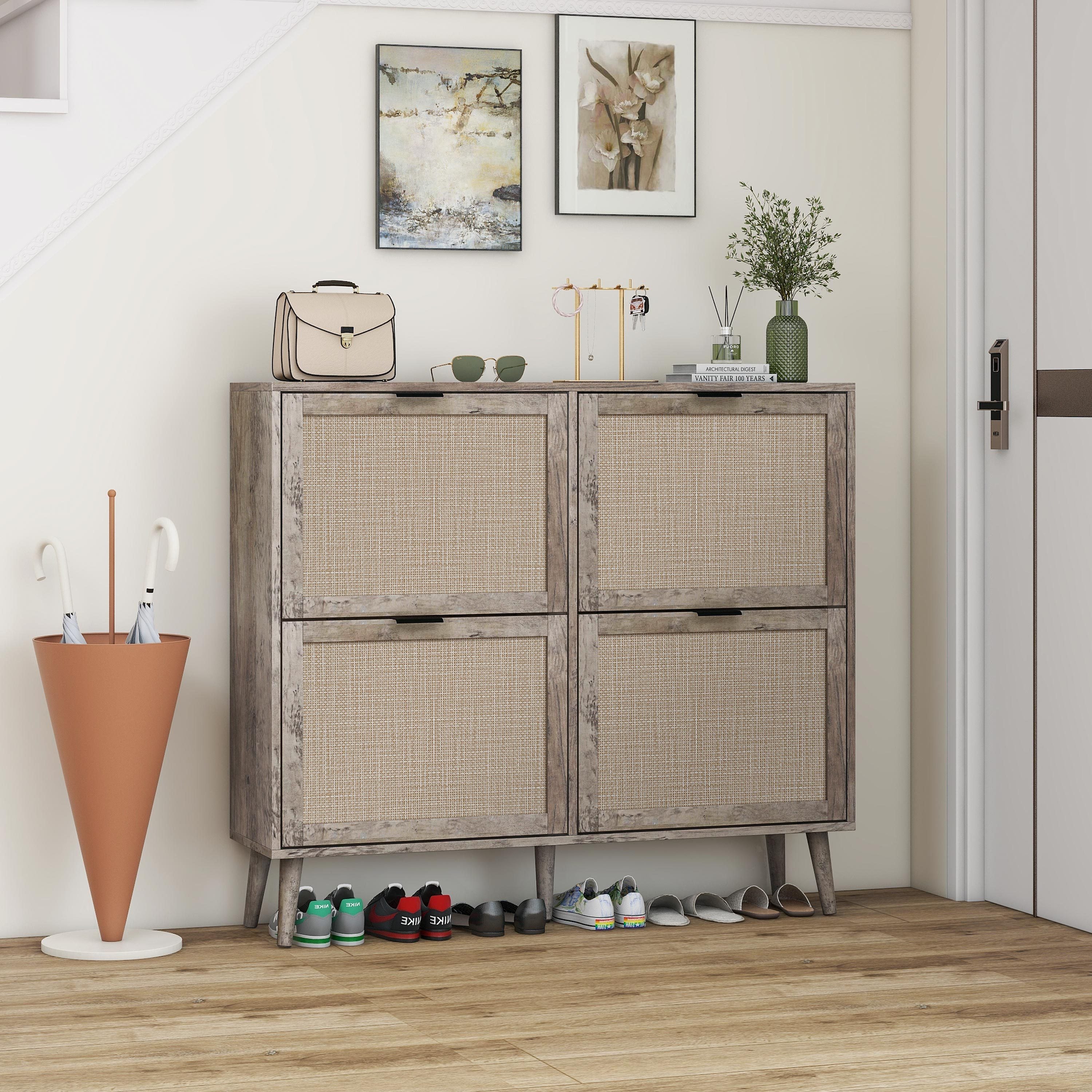 Walker Edison | Modern Rattan 4 Door Shoe Rack Cabinet for Entryway