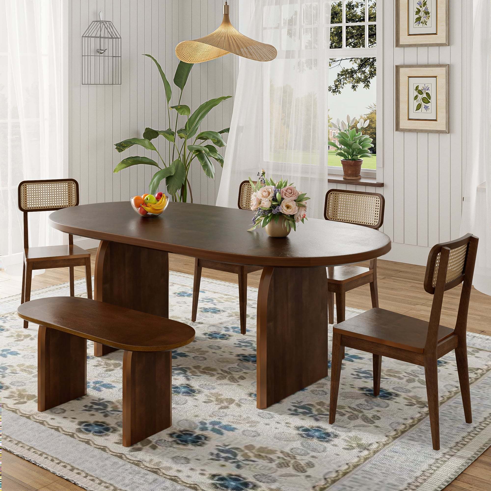Walker Edison | Modern Extendable 6 Piece Dining Table Set with Bench