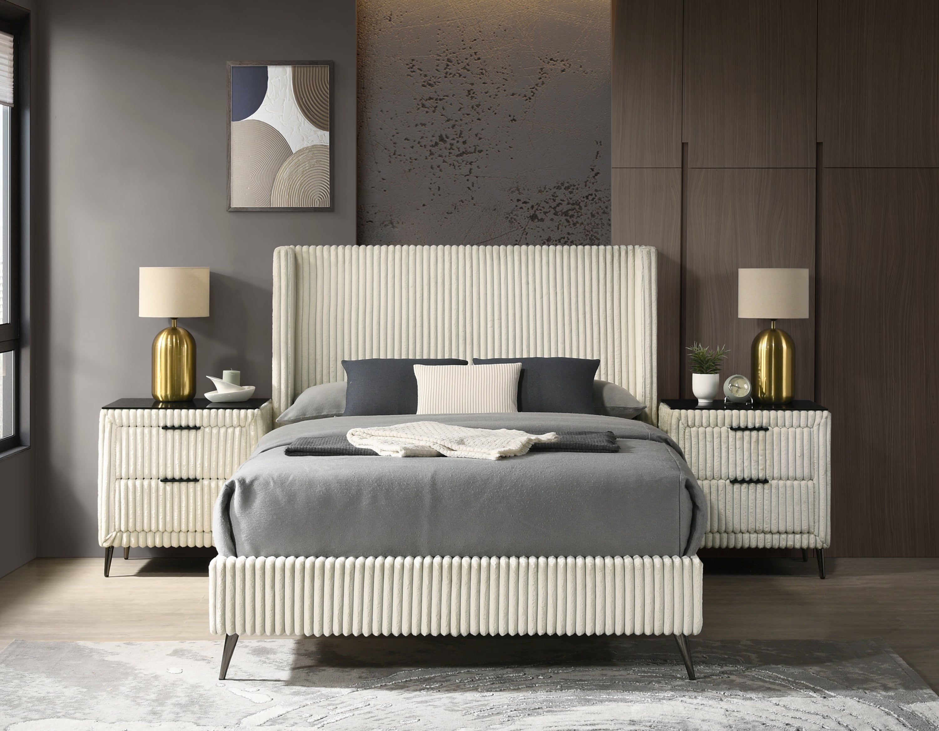 Walker Edison | Corduroy Upholstery Queen Bed with 2 Nightstands