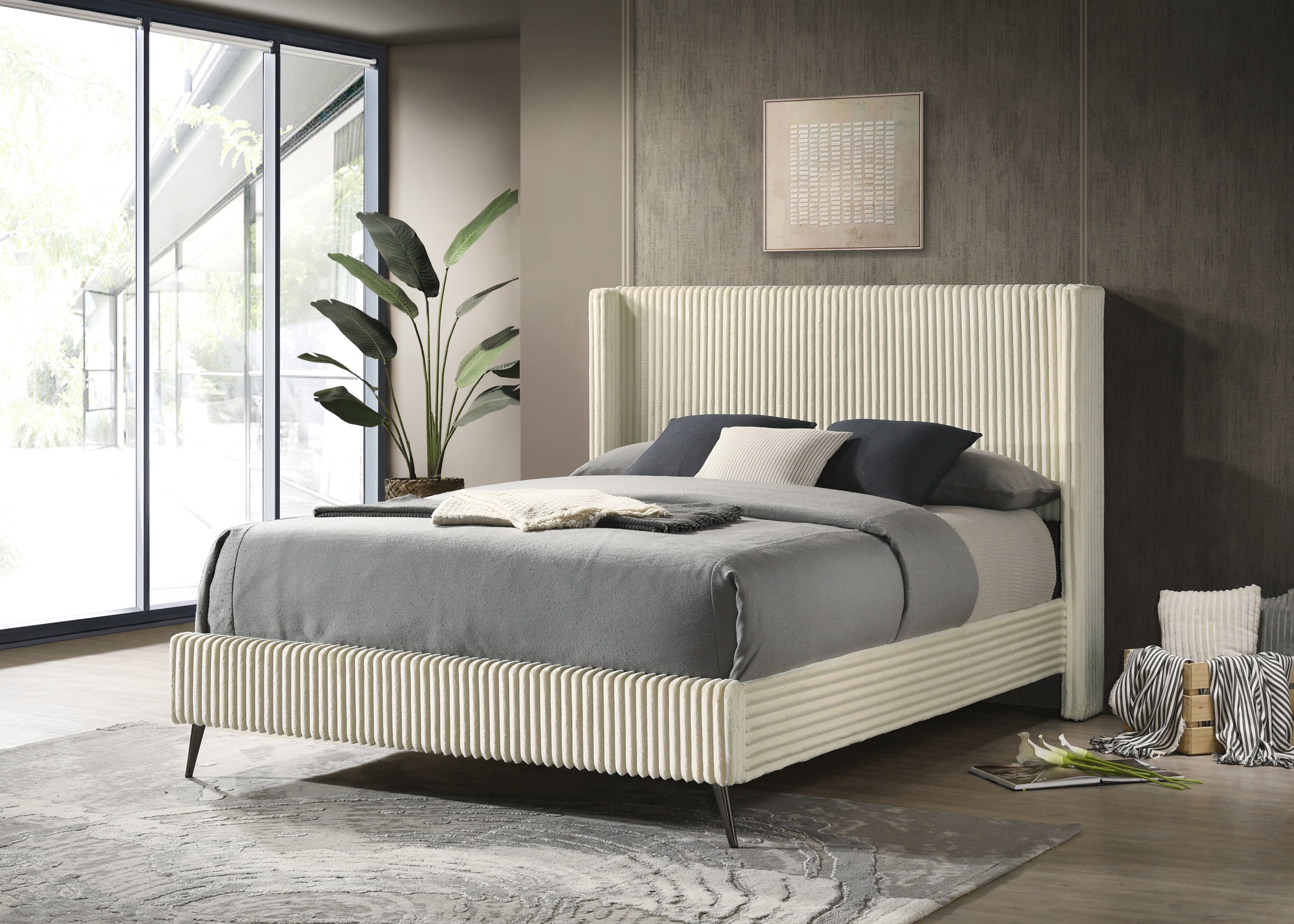 Walker Edison | Corduroy Upholstery Queen Bed with 2 Nightstands