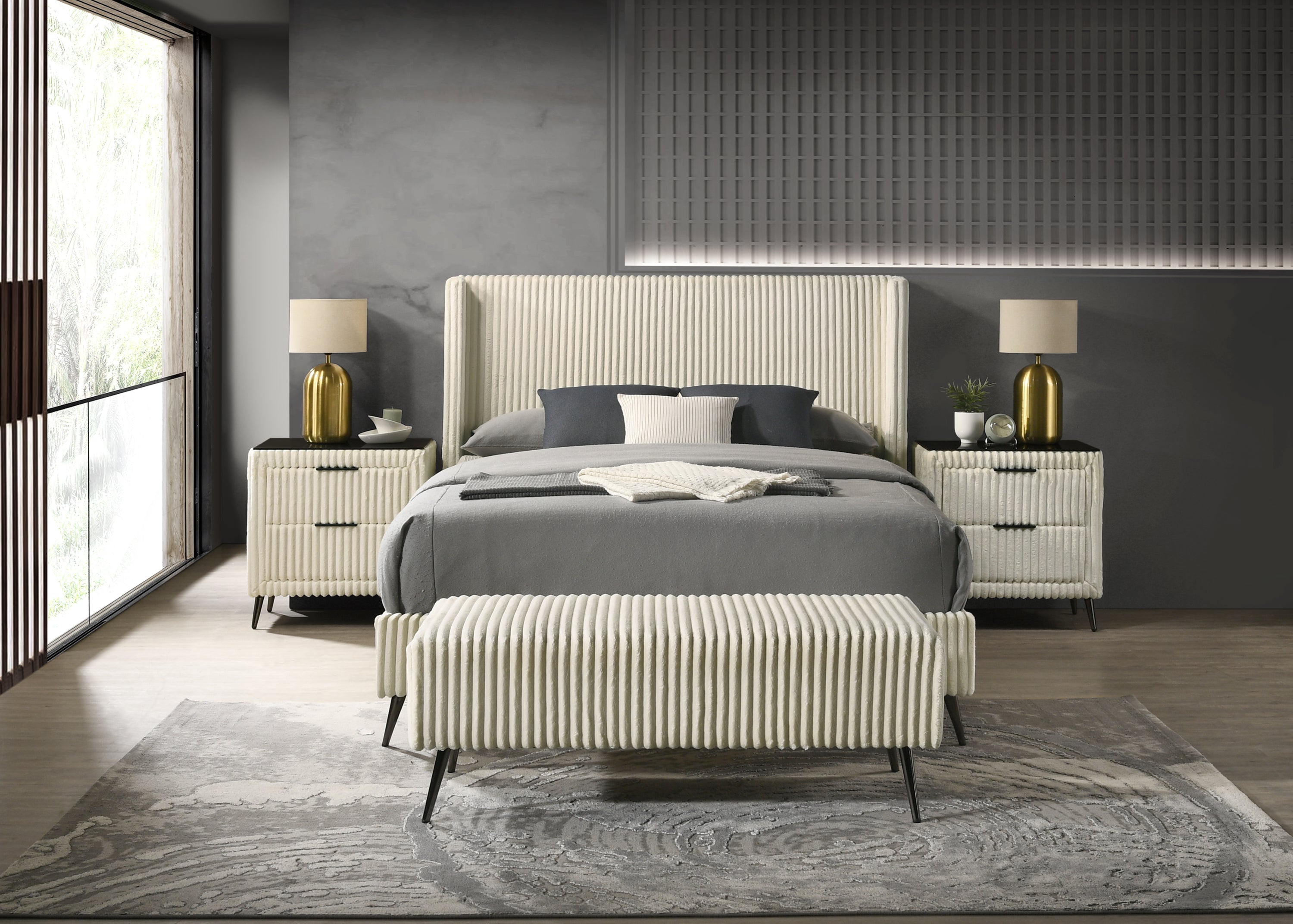 Walker Edison | Corduroy Upholstery Queen Bed with 2 Nightstands and Bench